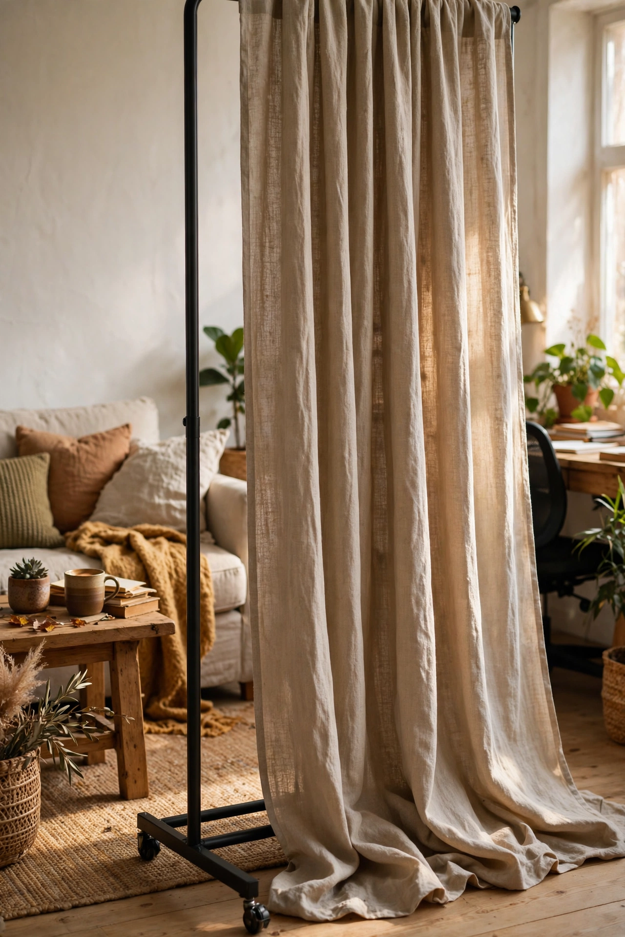 Floor length curtain on a freestanding rail hiding a desk
