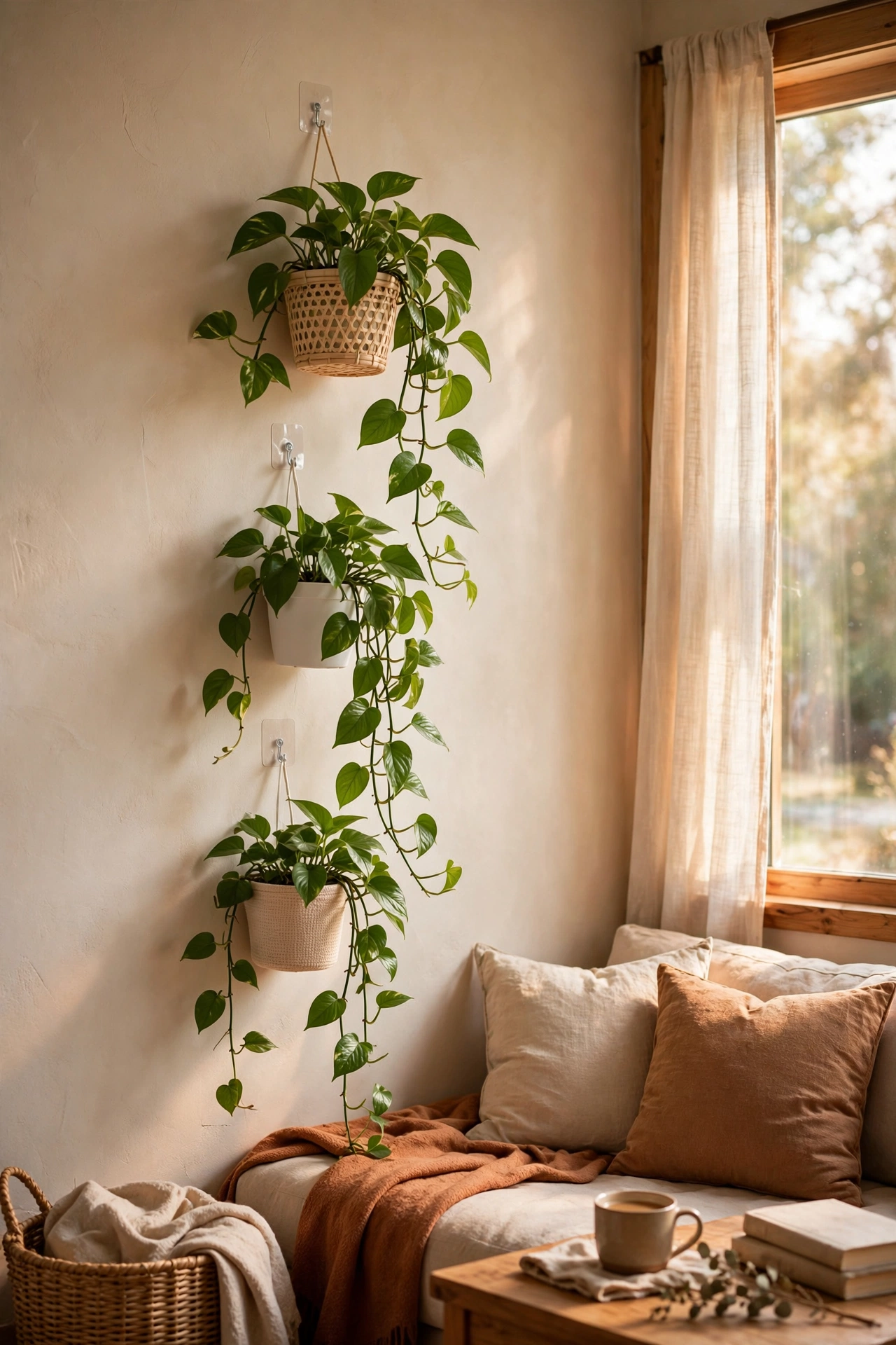 Trailing pothos plants hanging from adhesive hooks on a wall