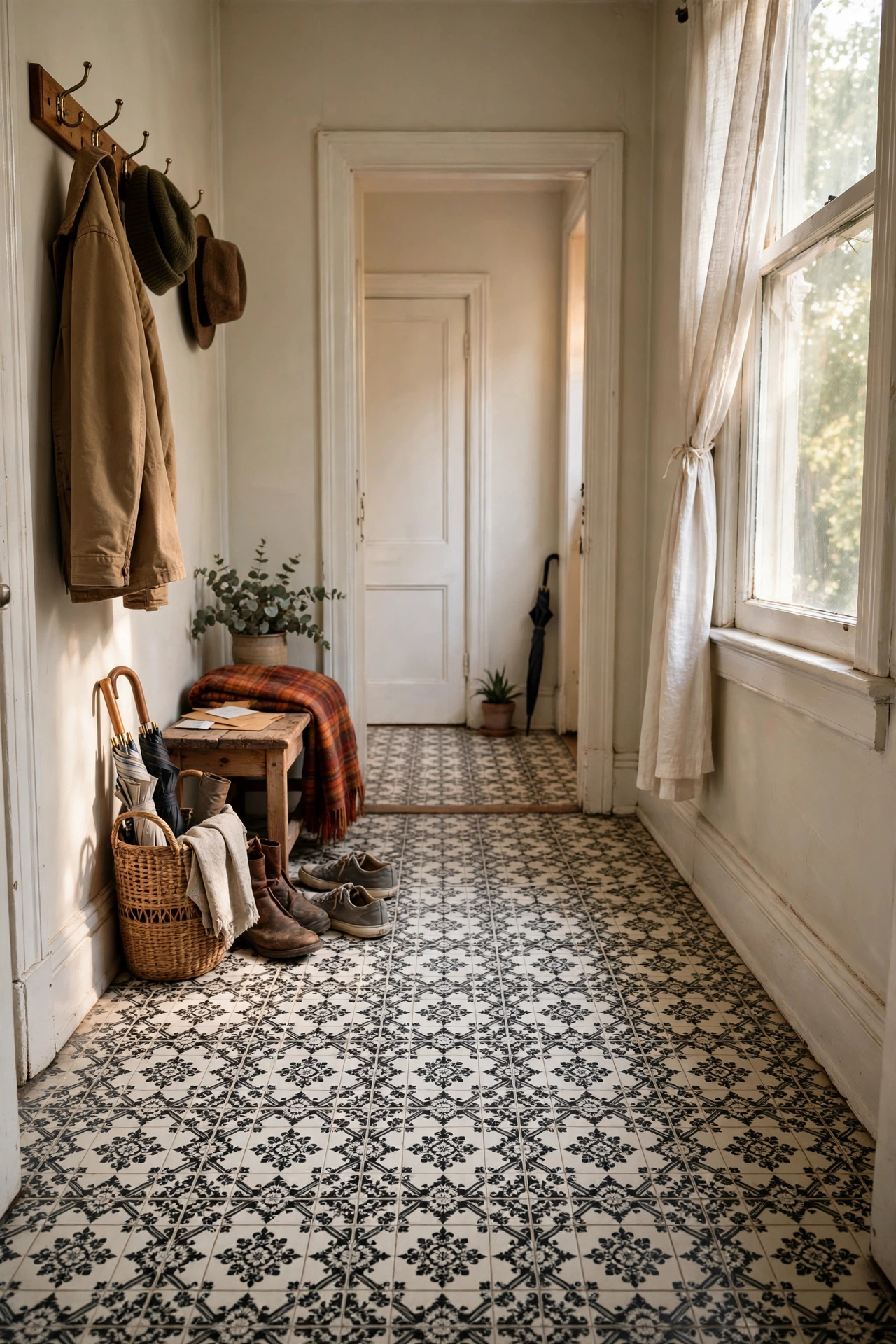 Black and white peel and stick floor tiles in a hallway