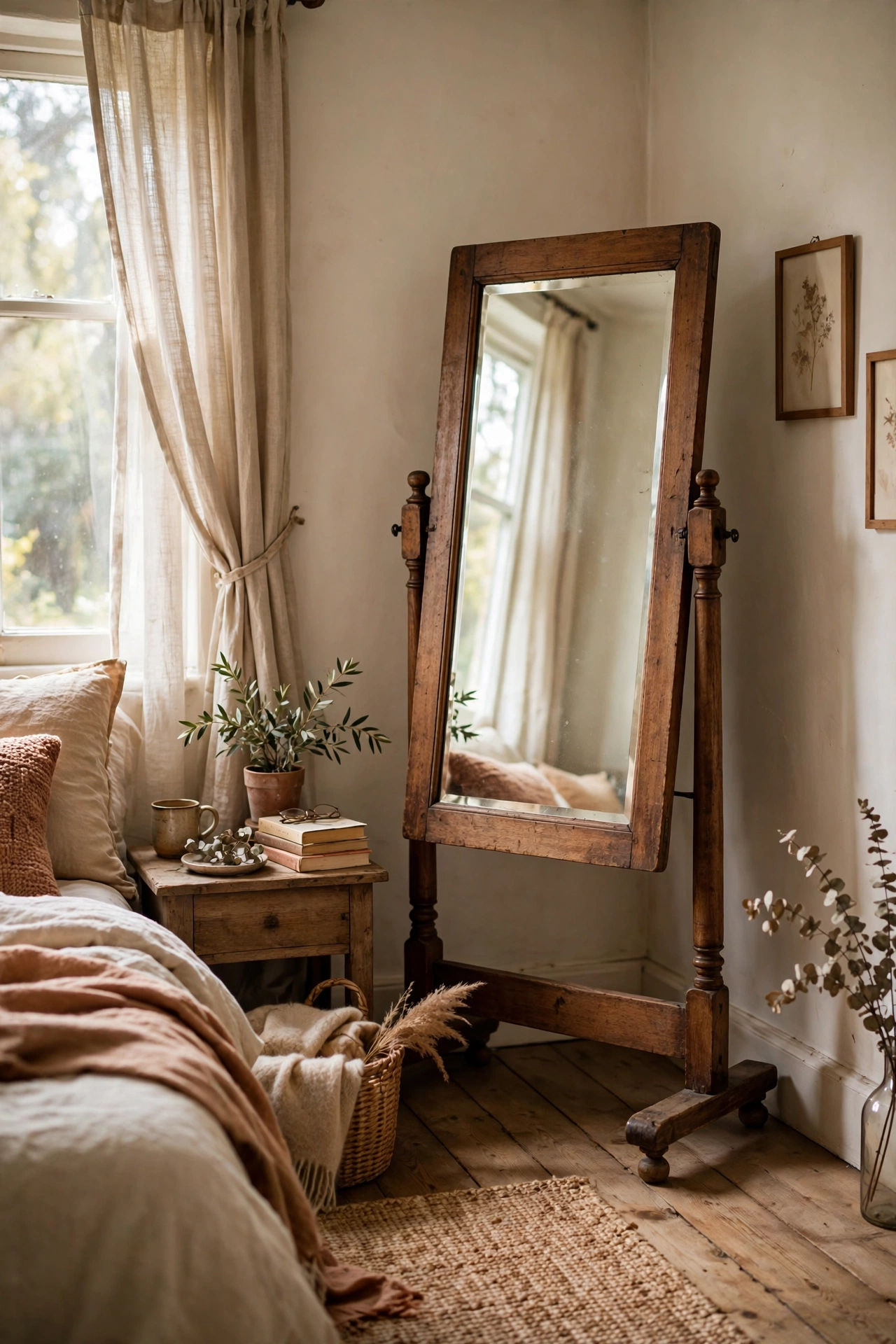 Vintage cheval mirror on a stand in a bedroom corner