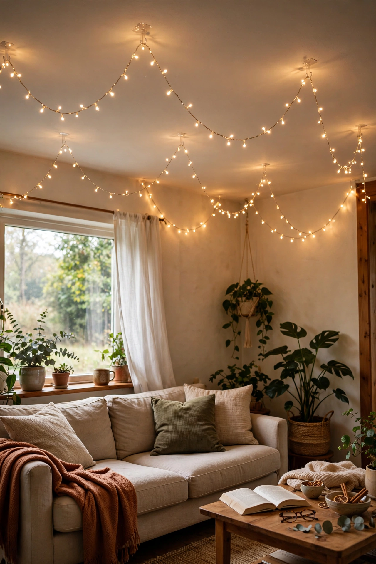 Fairy light canopy draped across a ceiling from adhesive hooks