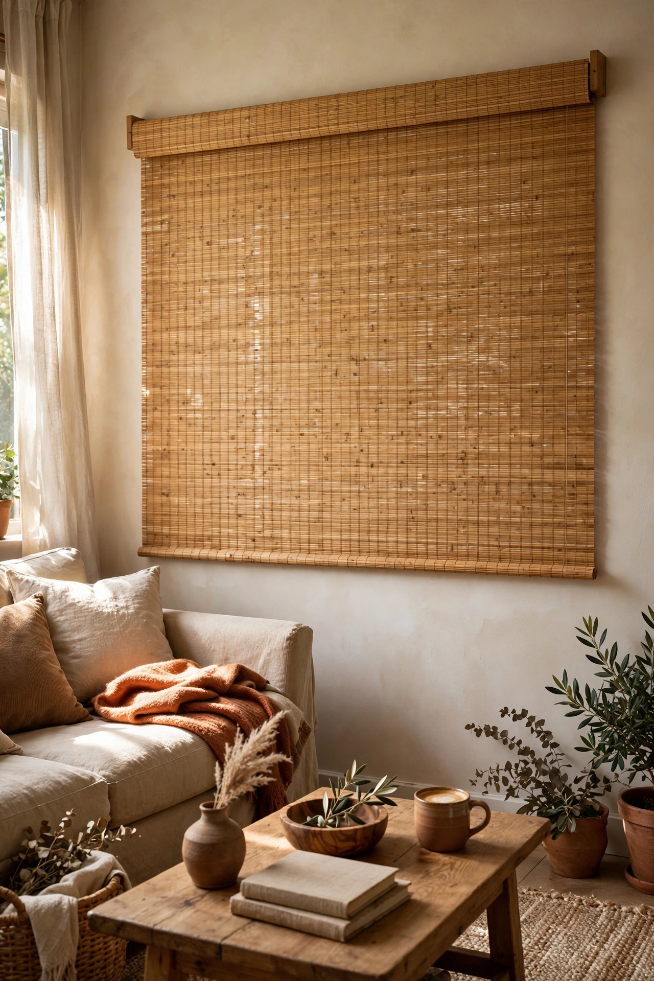 Wide bamboo blind hung flat as texture on a living room wall