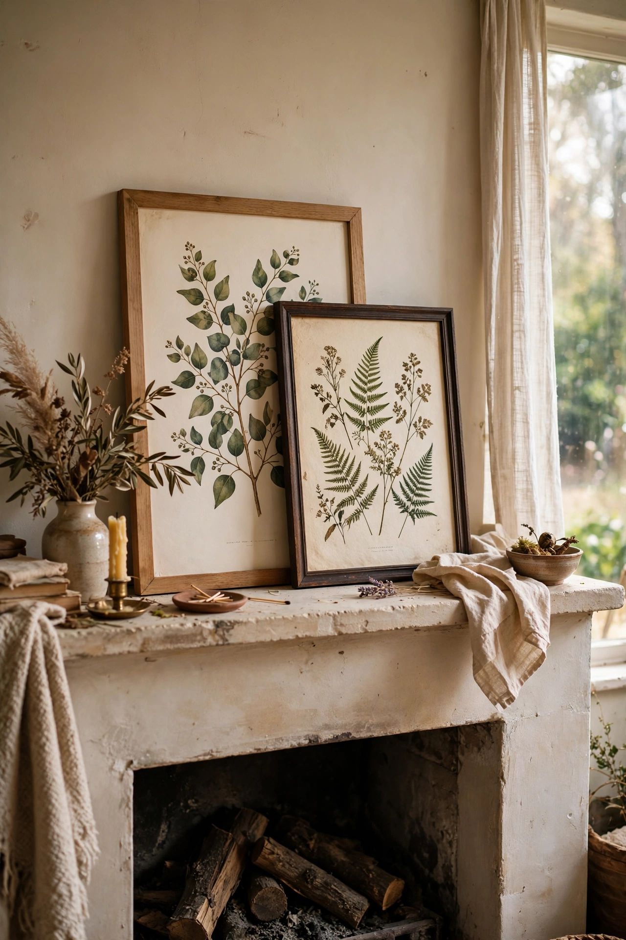 Layered framed prints leaned on a fireplace mantel