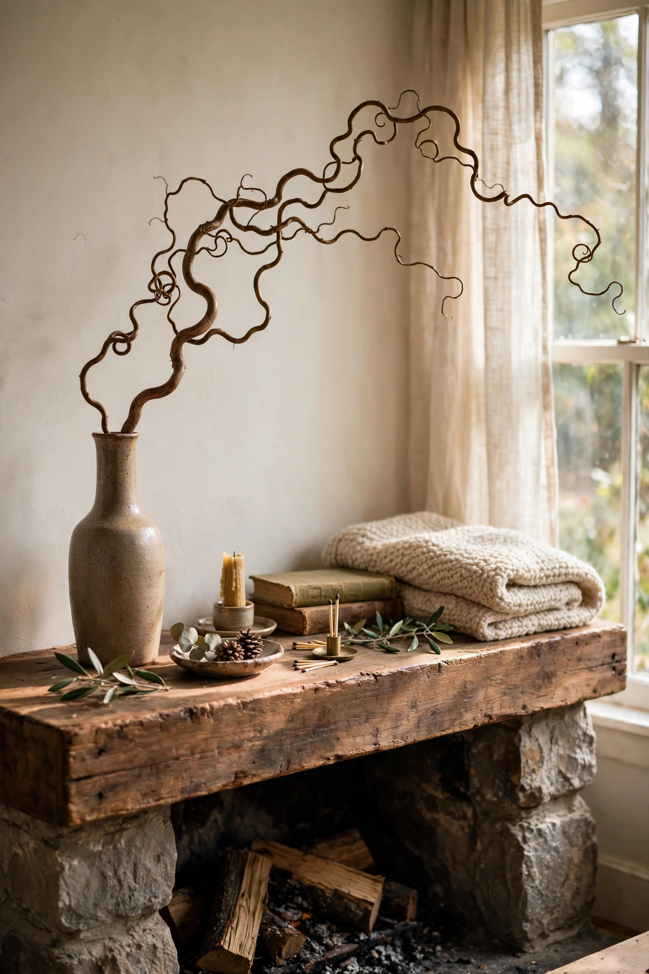 Curly willow branch in a tall vase off centre on a mantel
