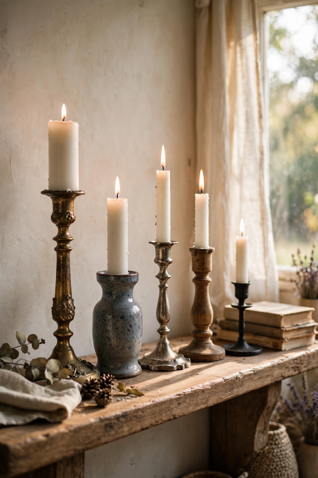 Row of mismatched candlesticks with white candles on a mantel