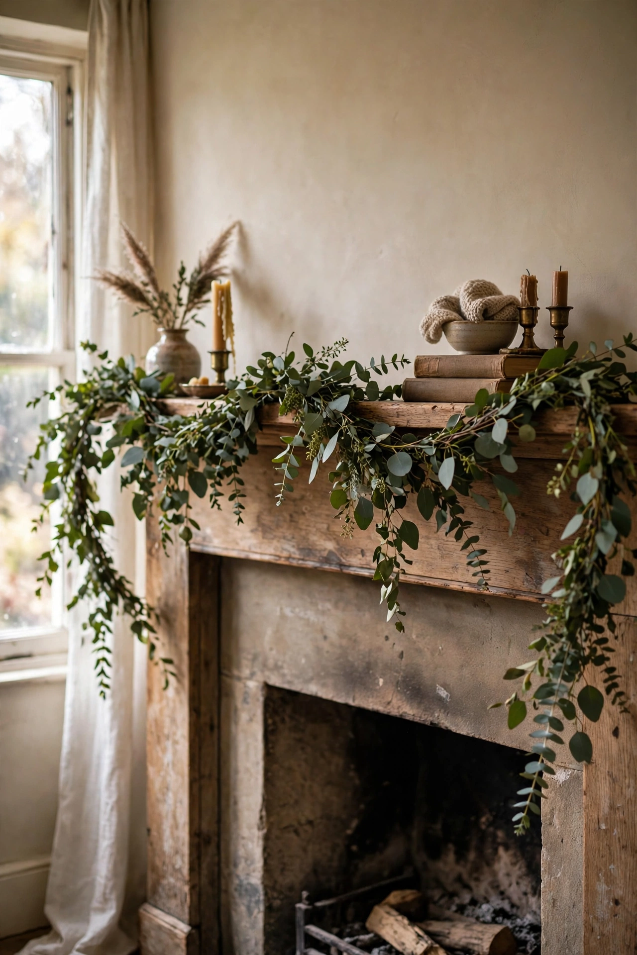 Fresh eucalyptus garland draped along a mantel edge