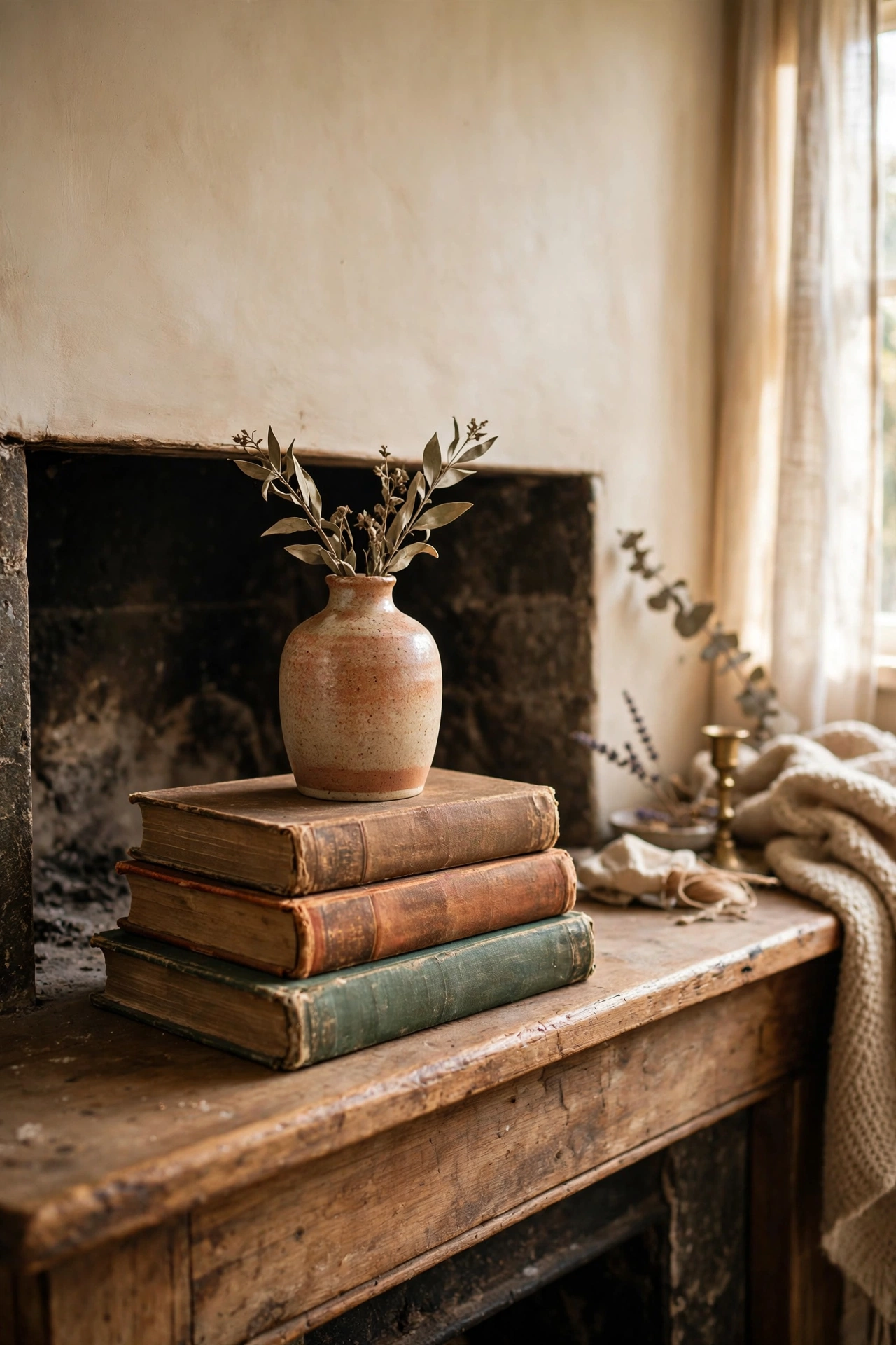 Small vase raised on a stack of vintage books on a mantel