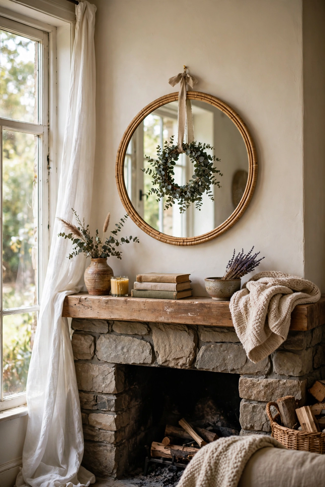 Round mirror above a mantel with a small wreath hung on it