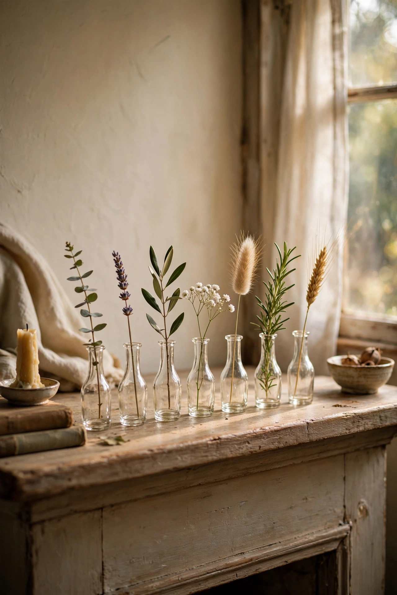 Line of tiny bud vases with single stems on a mantel