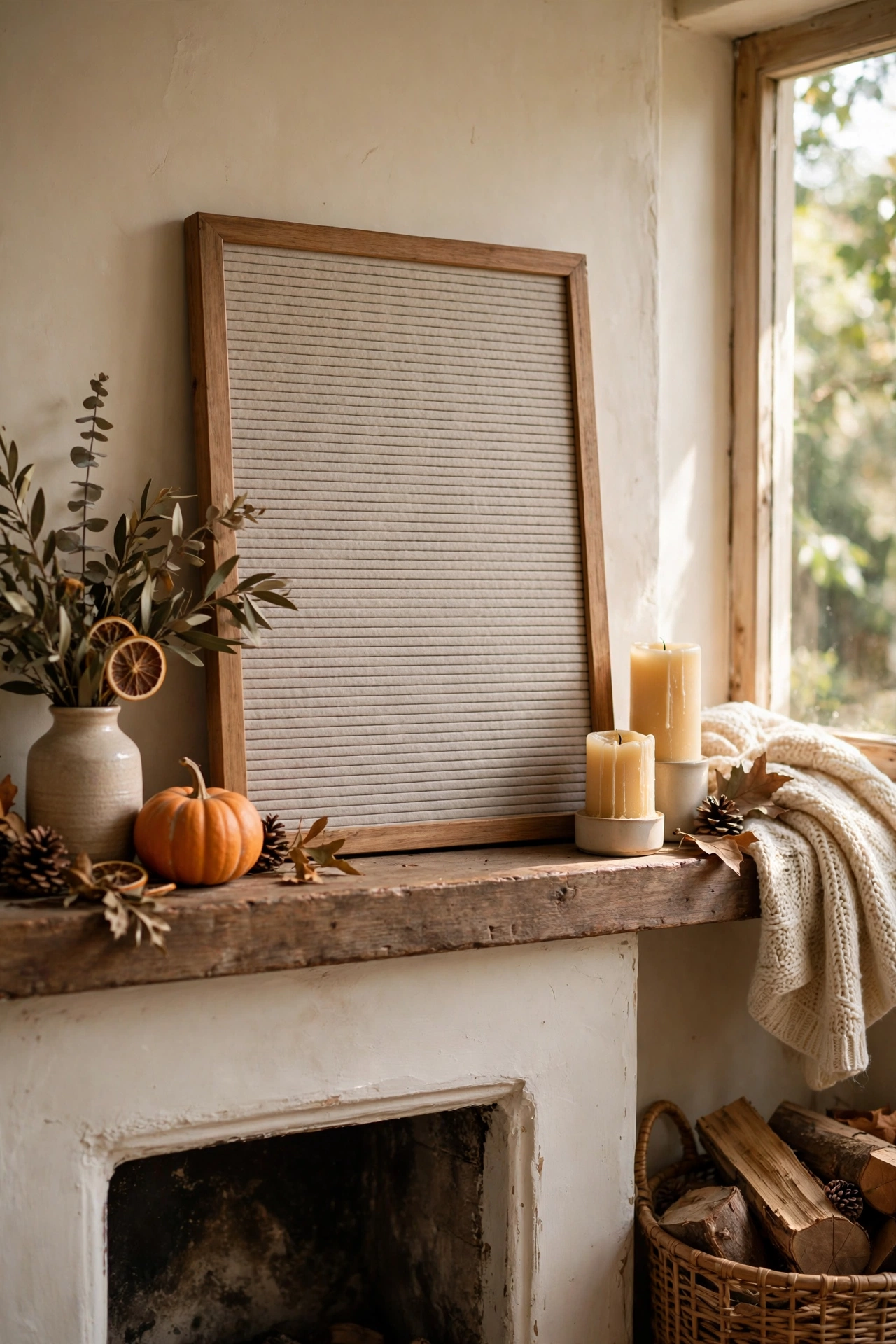 Letter board with a seasonal message propped on a mantel