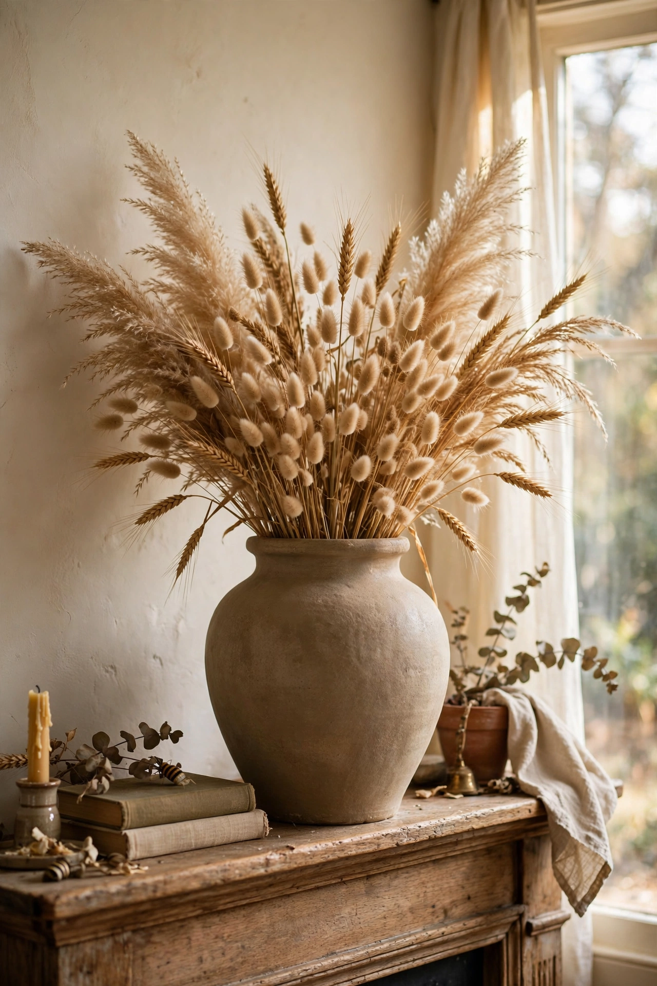 Dried pampas and wheat arrangement in a statement vase on a mantel