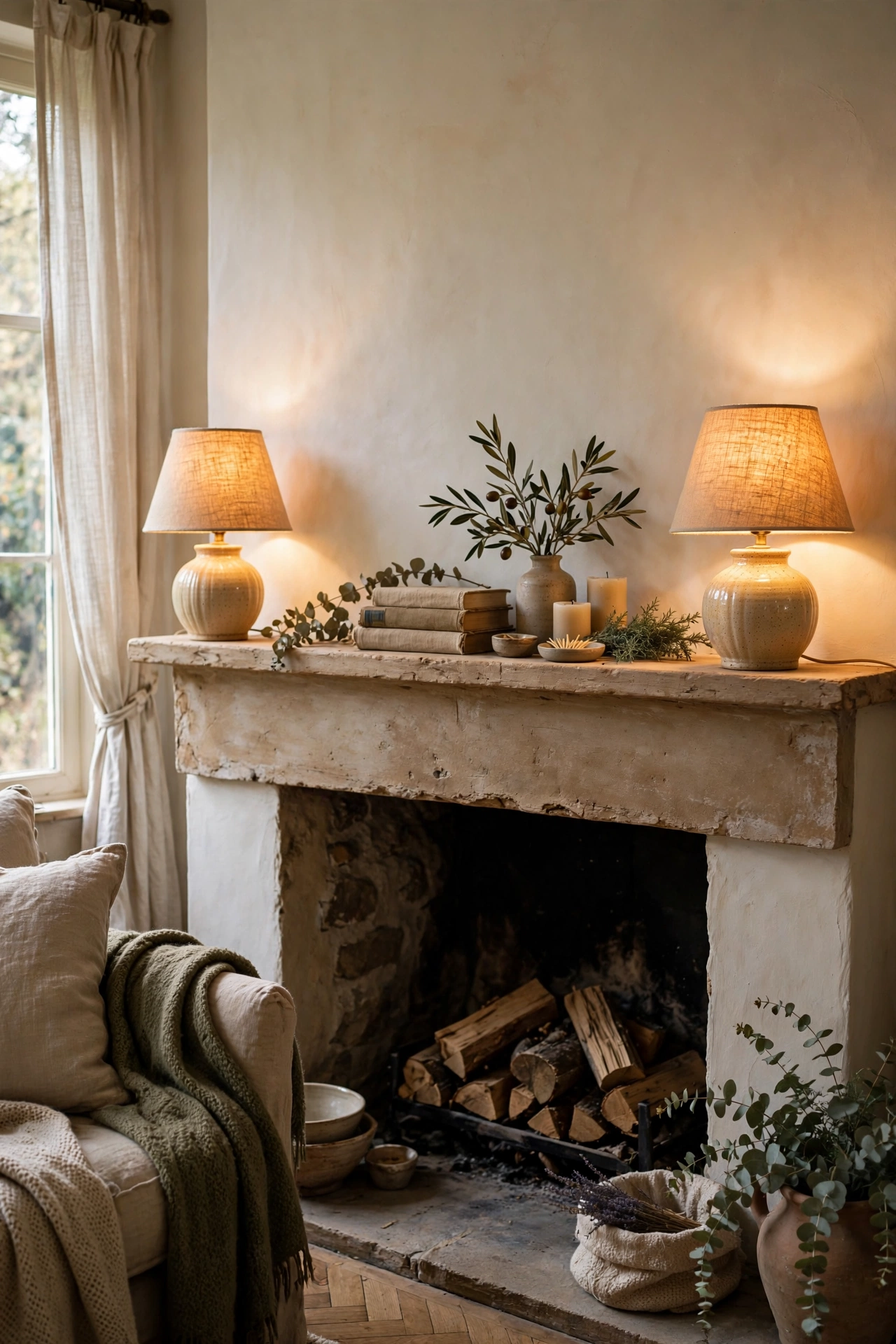 Matching pair of small table lamps on either end of a mantel