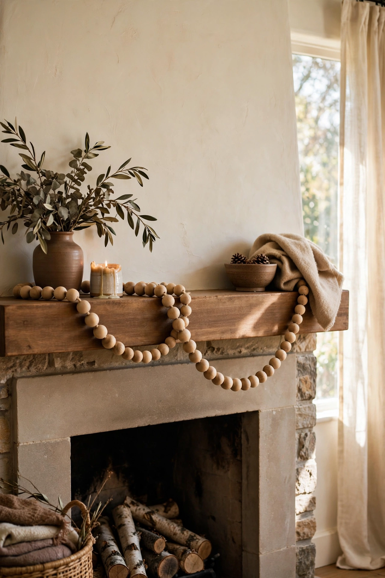 Wooden bead garland draped loosely across a mantel