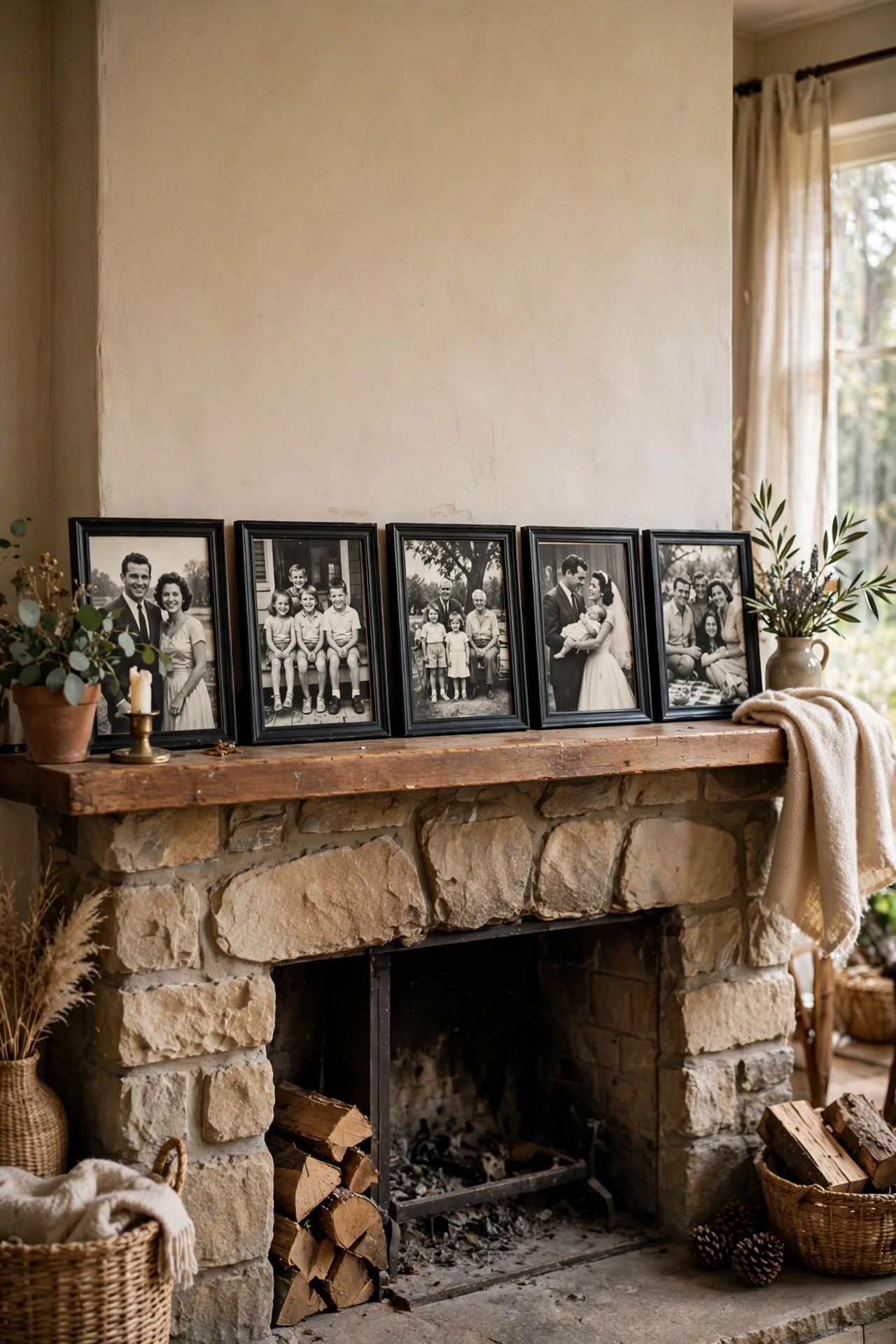 Black and white family photos in matching frames on a mantel