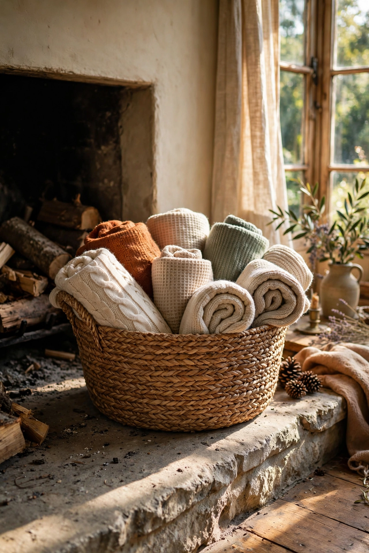 Large woven basket of rolled throws on a fireplace hearth