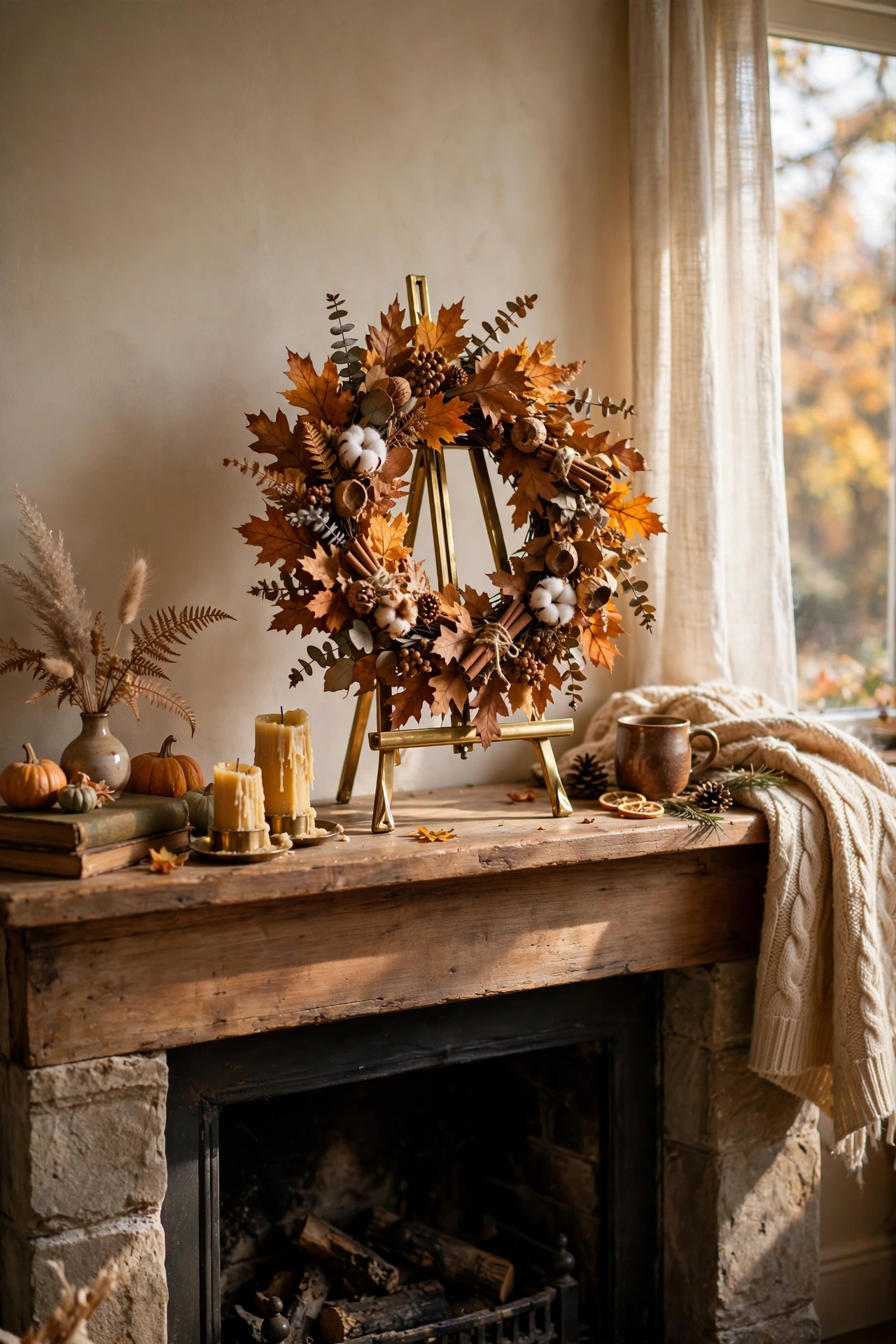 Autumn wreath displayed on a small brass easel on a mantel