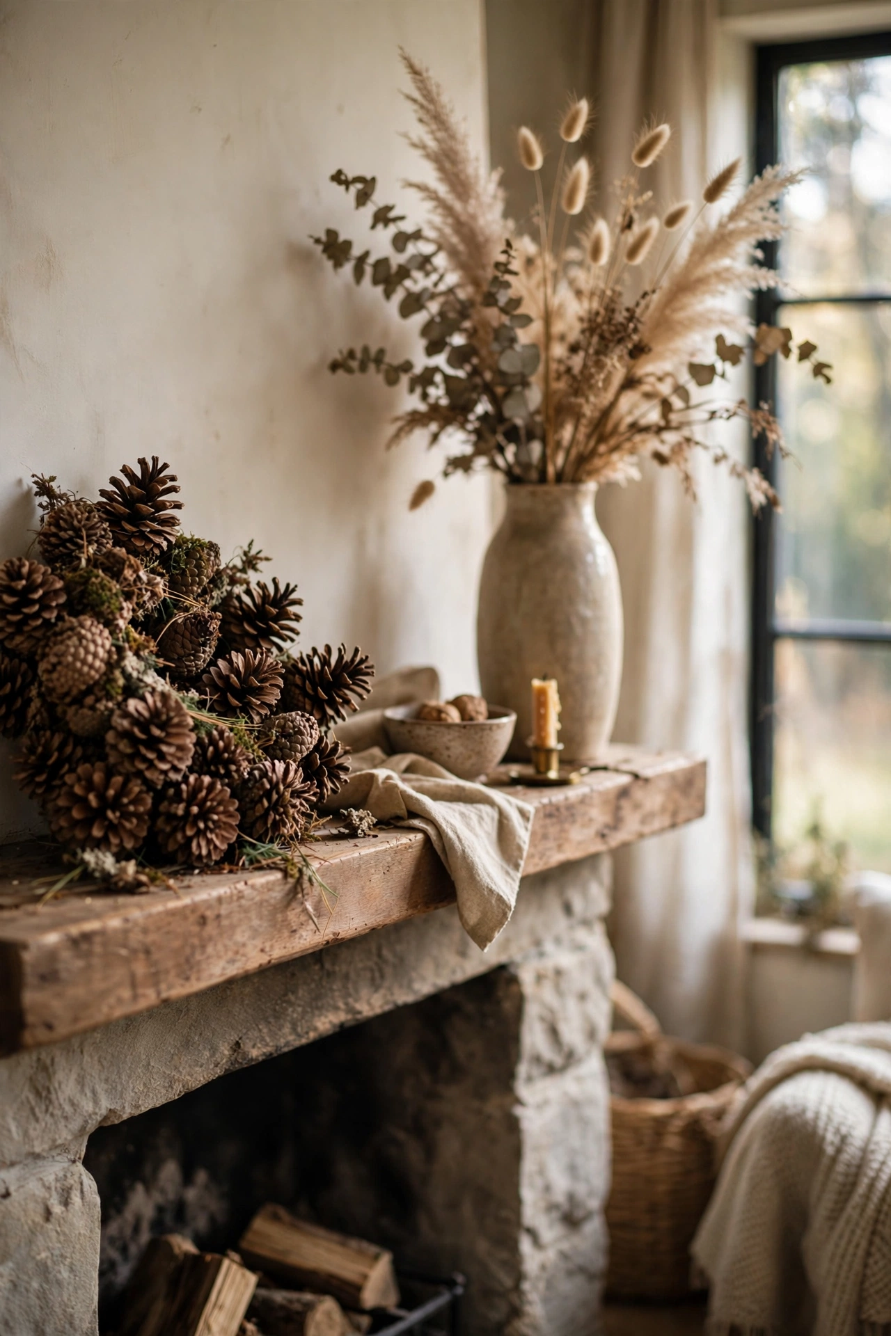 Cluster of foraged pinecones grouped at one end of a mantel