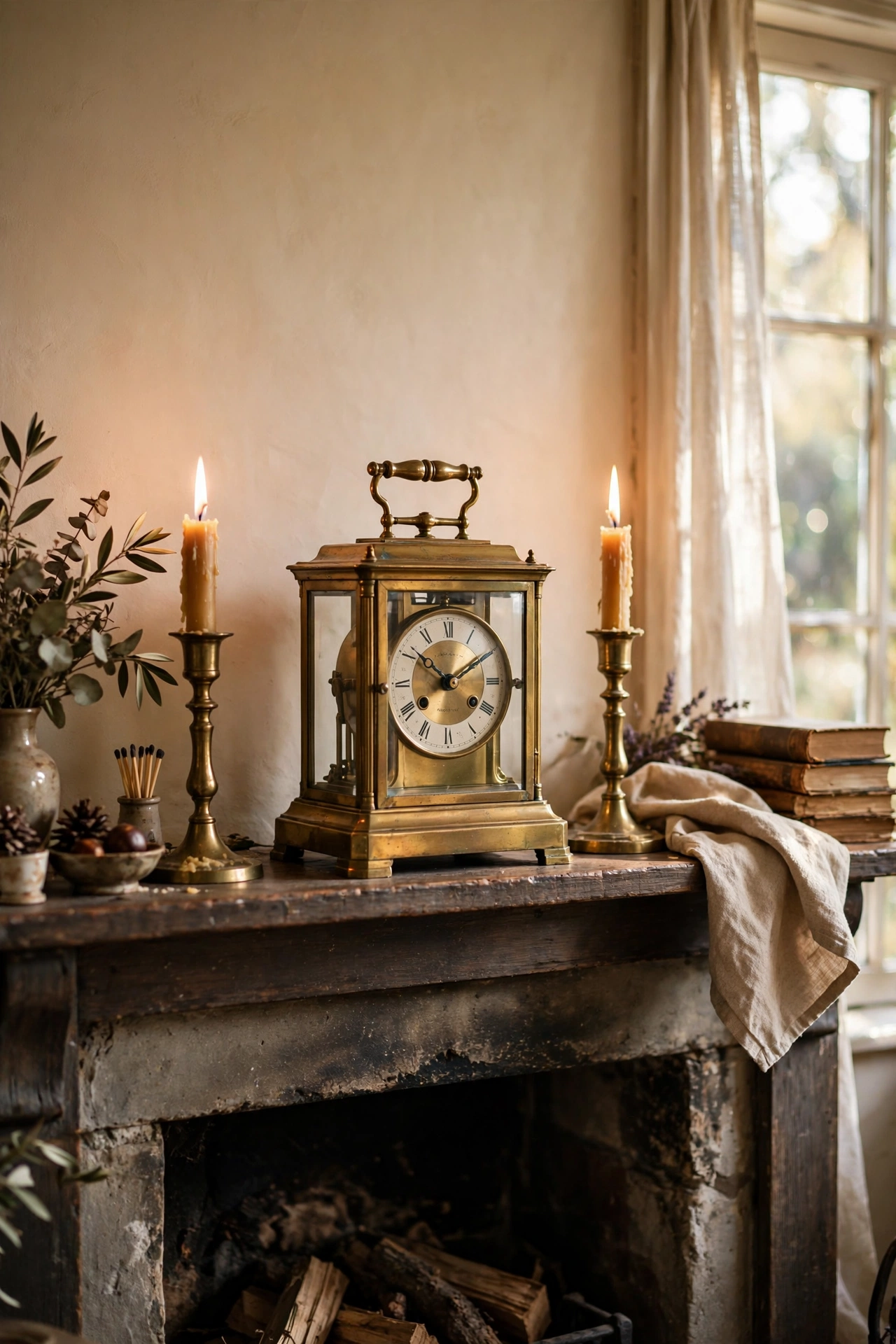 Vintage brass carriage clock centred on a mantel