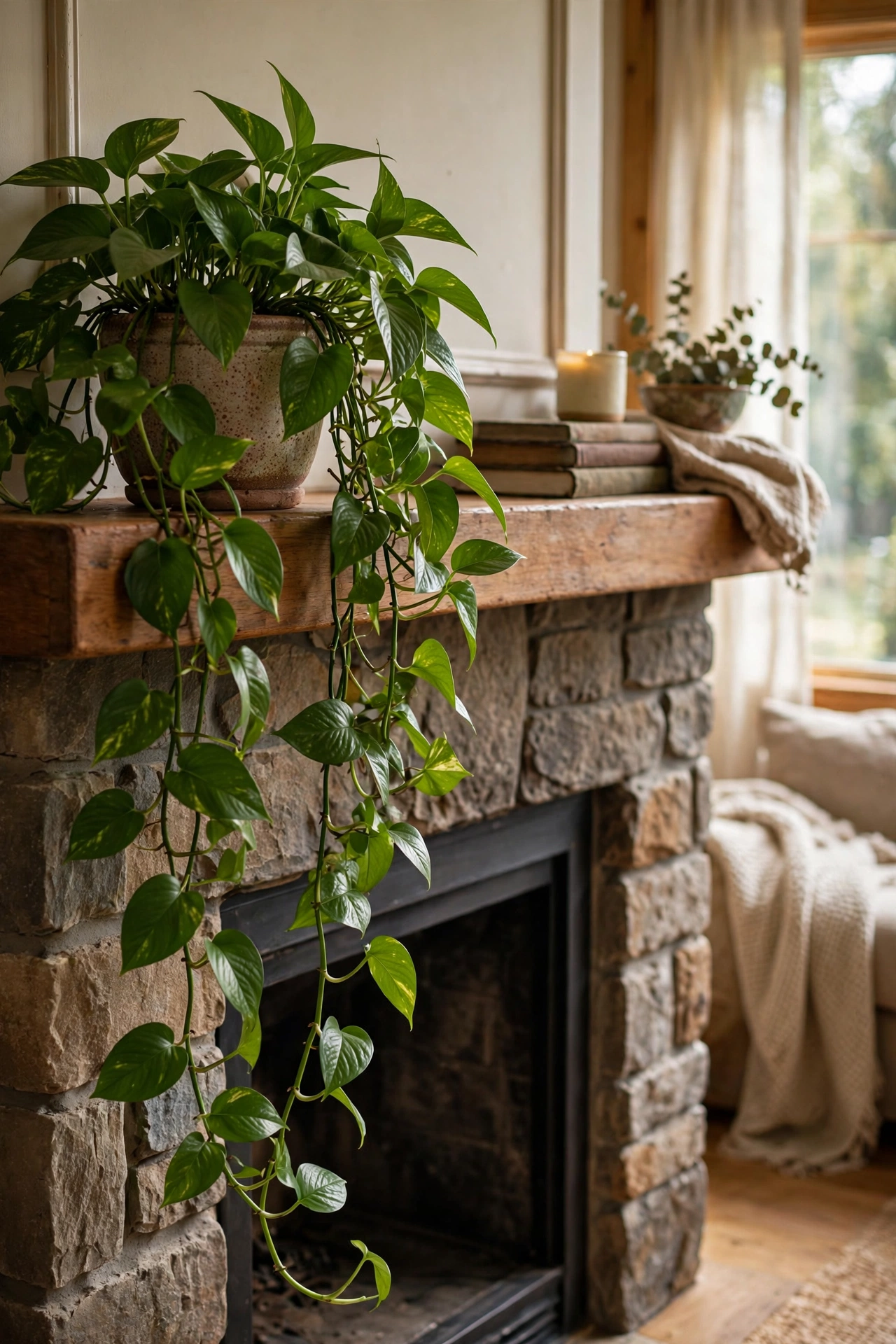 Trailing pothos plant spilling over one end of a mantel