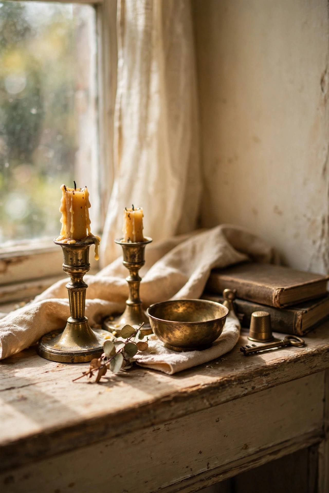 Small brass objects grouped along a mantel catching lamplight