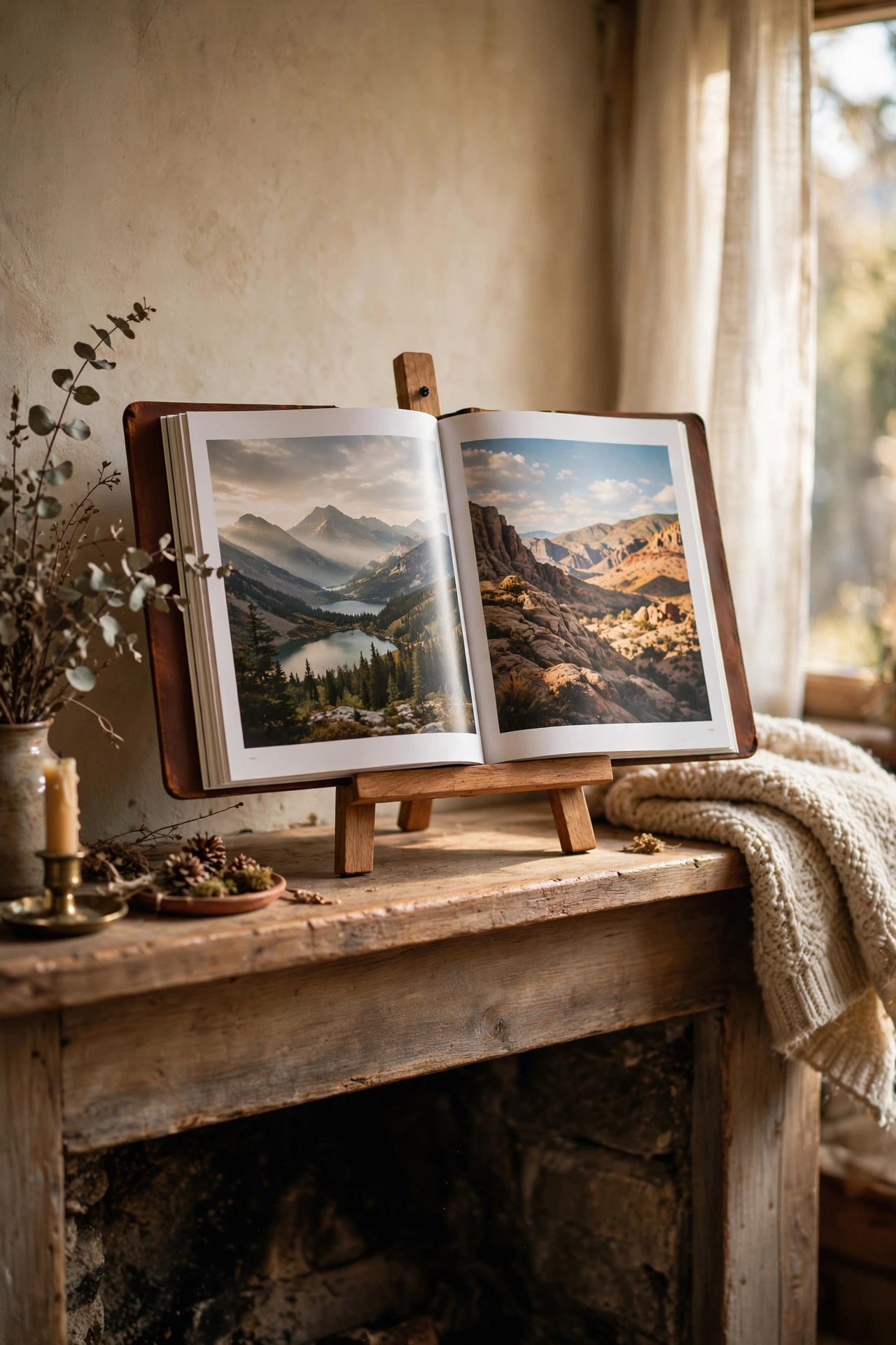 Large photography book open on an easel on a mantel