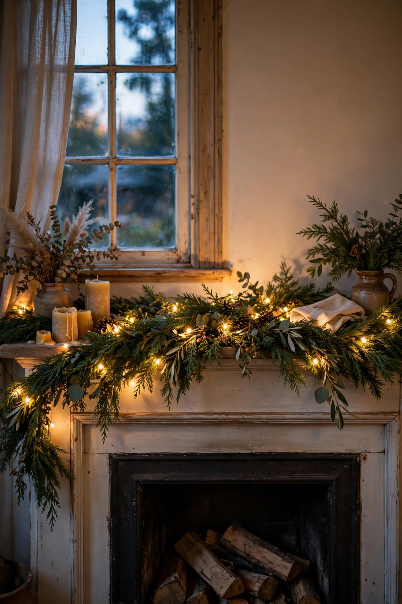 Fairy lights woven through greenery glowing on a mantel