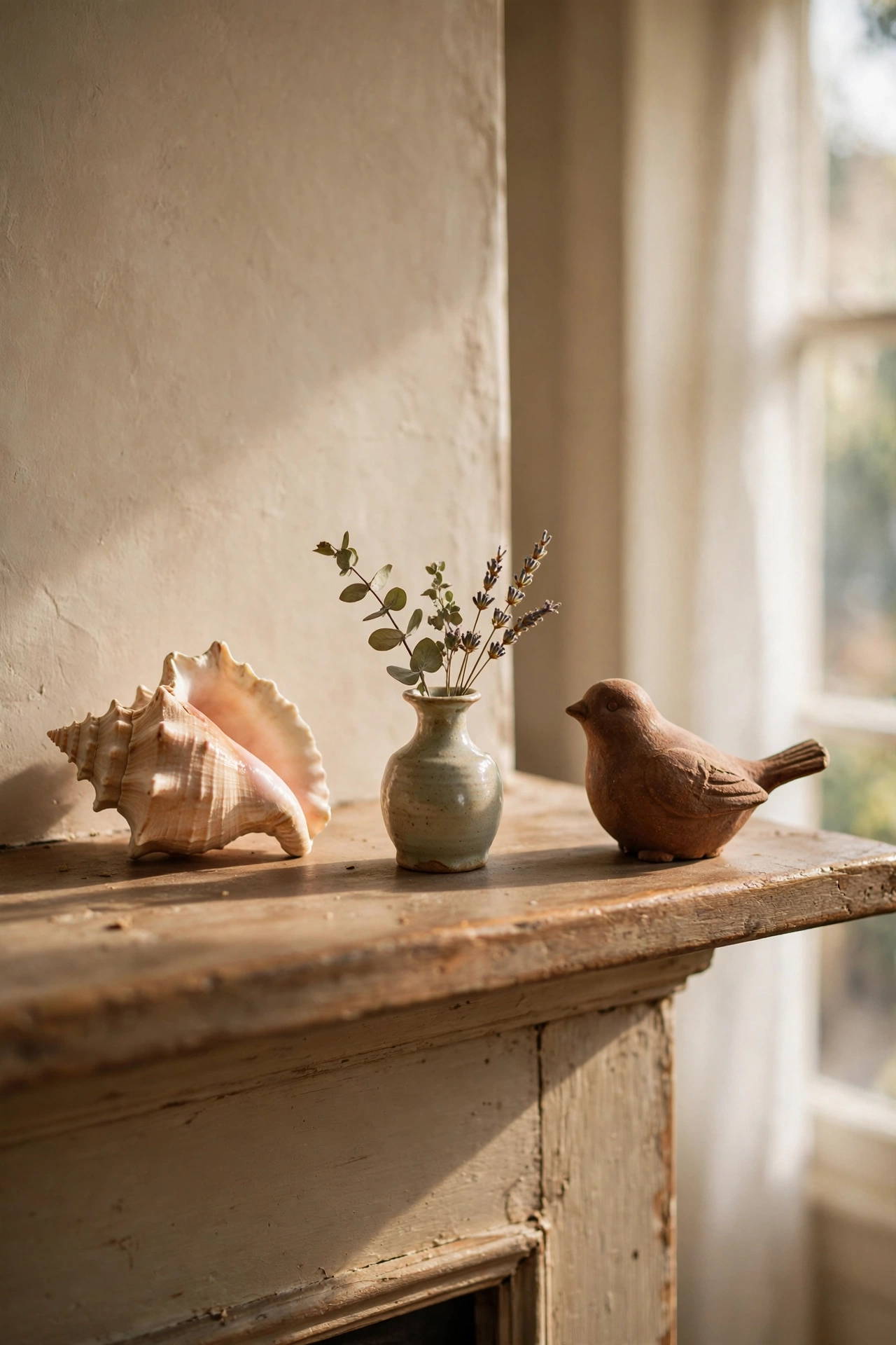 Three meaningful mementos displayed as a trio on a mantel