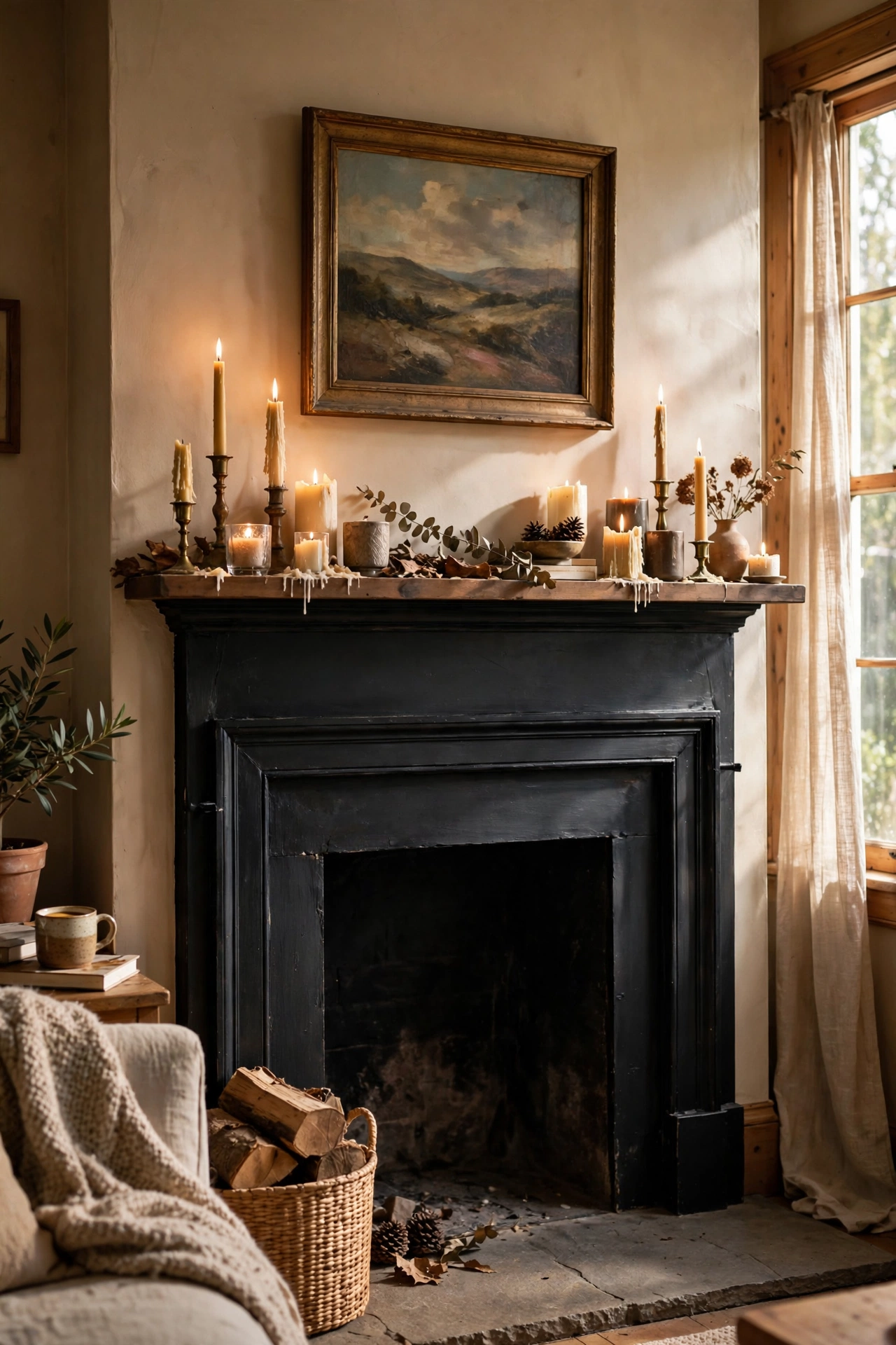Fireplace surround painted near black with styled mantel
