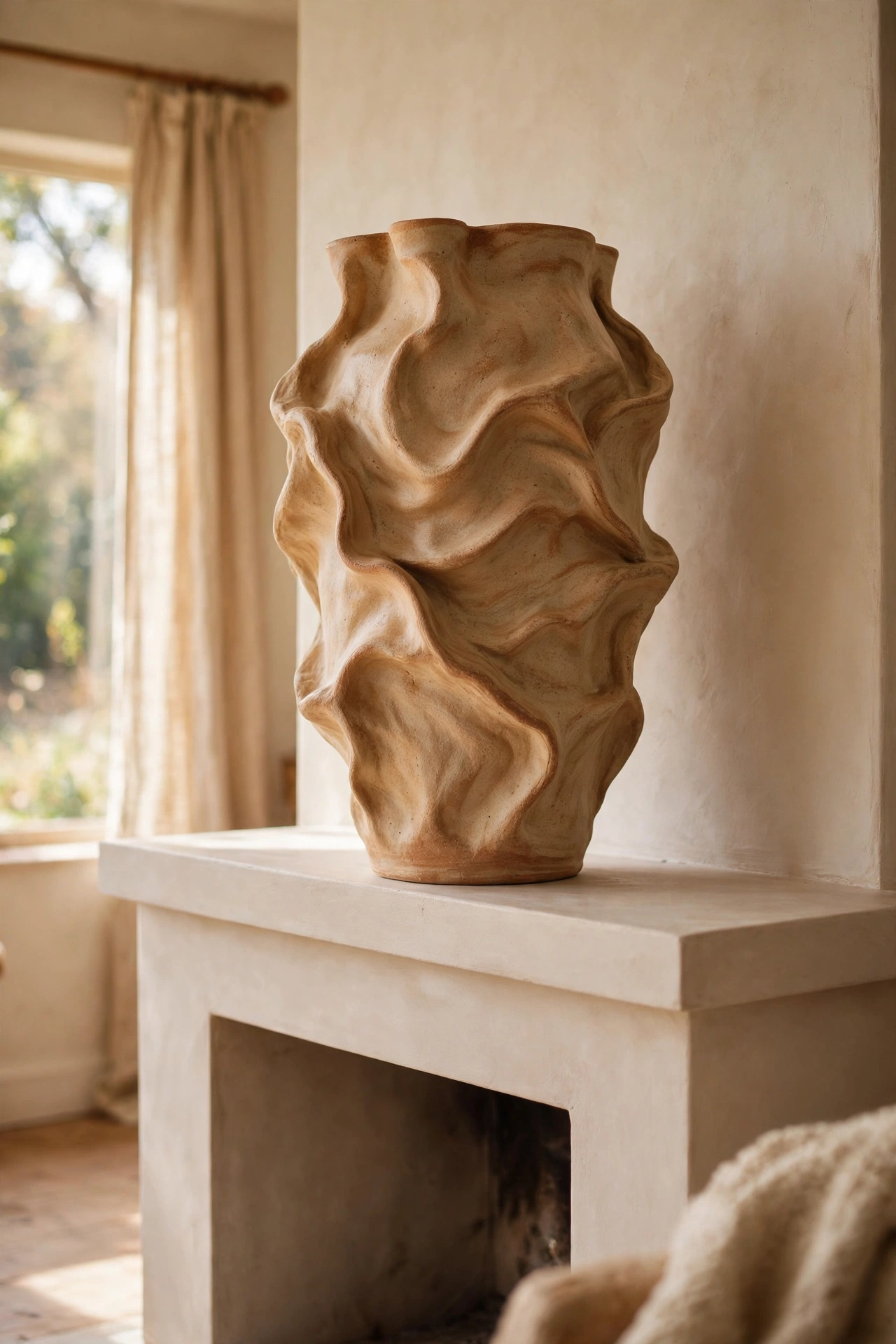 Single oversized ceramic vase alone on a minimalist mantel