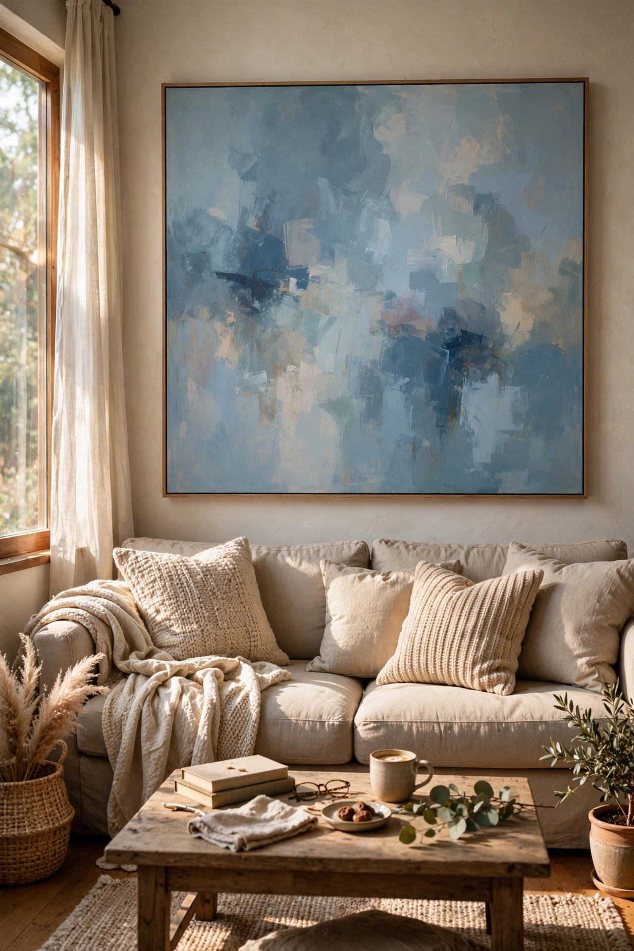 Huge abstract canvas print above a neutral sofa