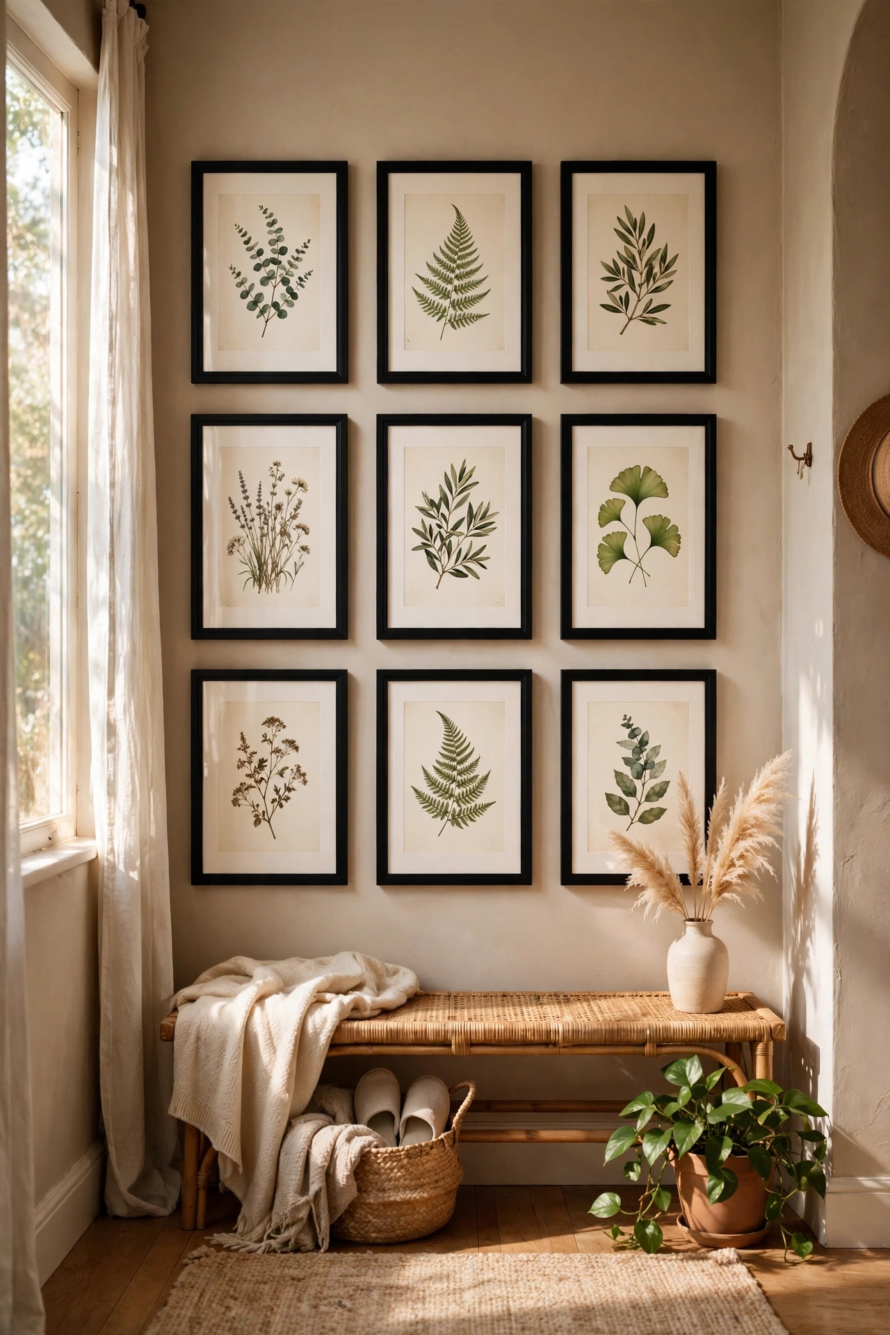 Nine matching frames in a precise grid on a hallway wall