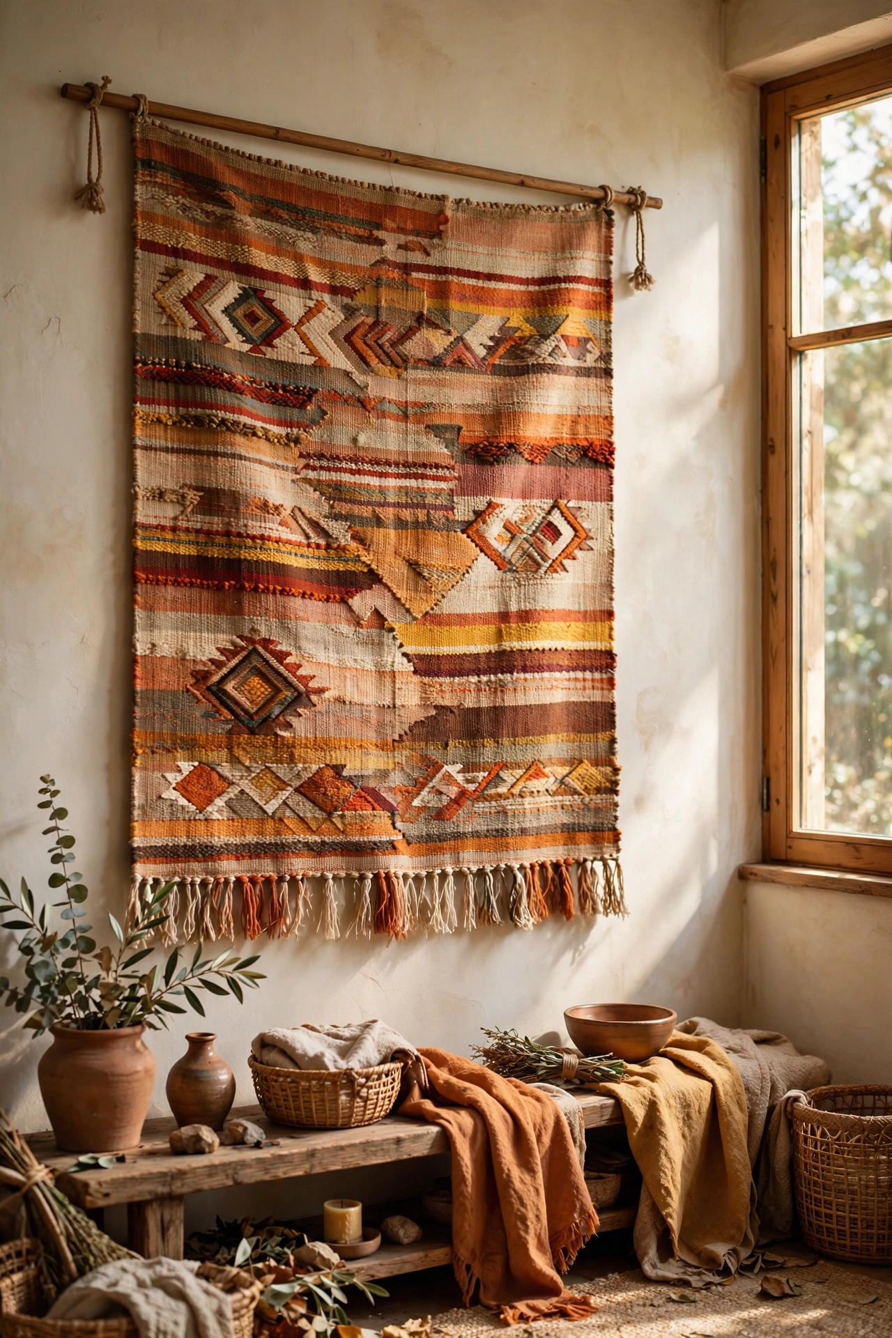 Woven tapestry hung from a wooden dowel on a bedroom wall