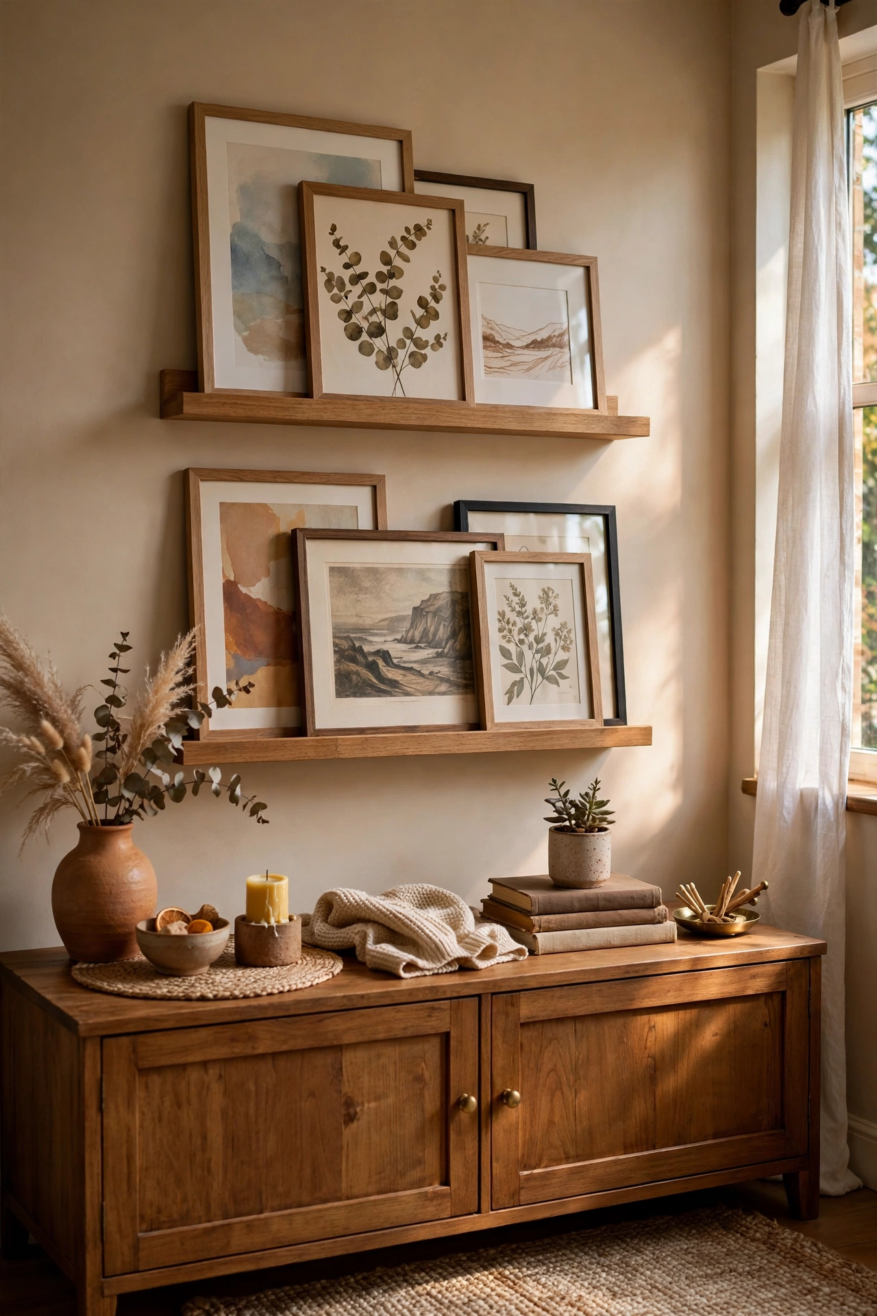 Two picture ledges with layered art above a sideboard