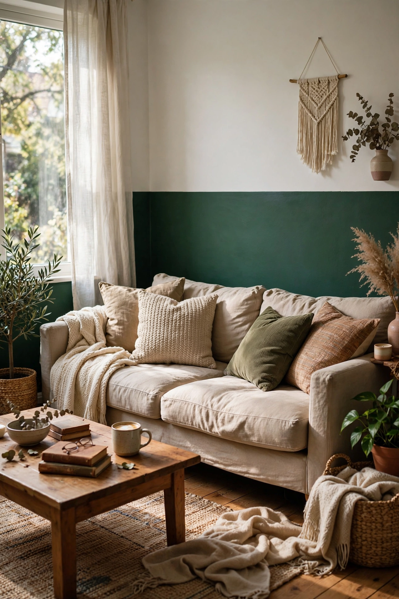 Deep green painted half wall behind a sofa