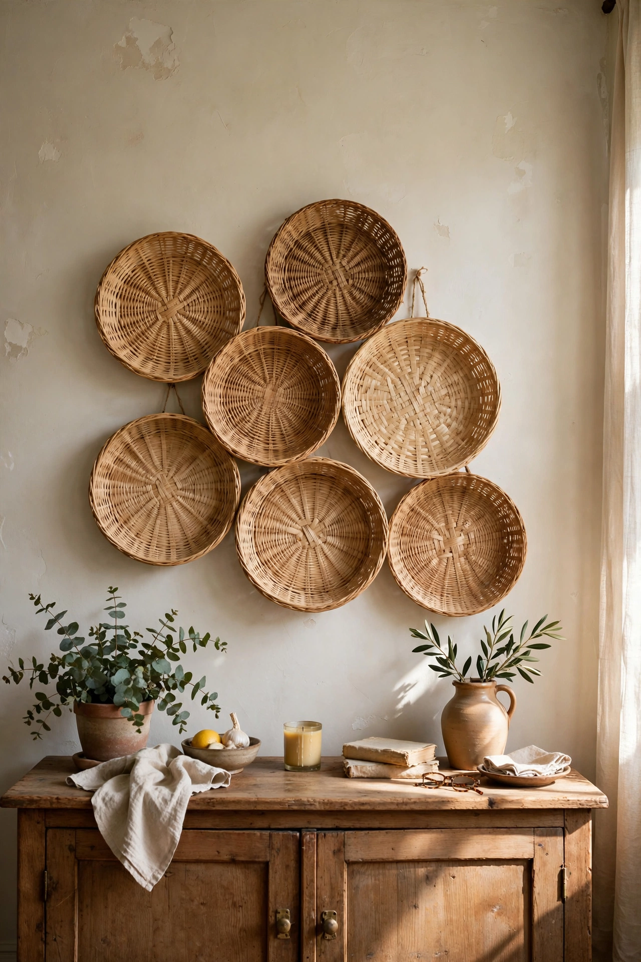 Seven woven baskets hung in a cluster above a sideboard