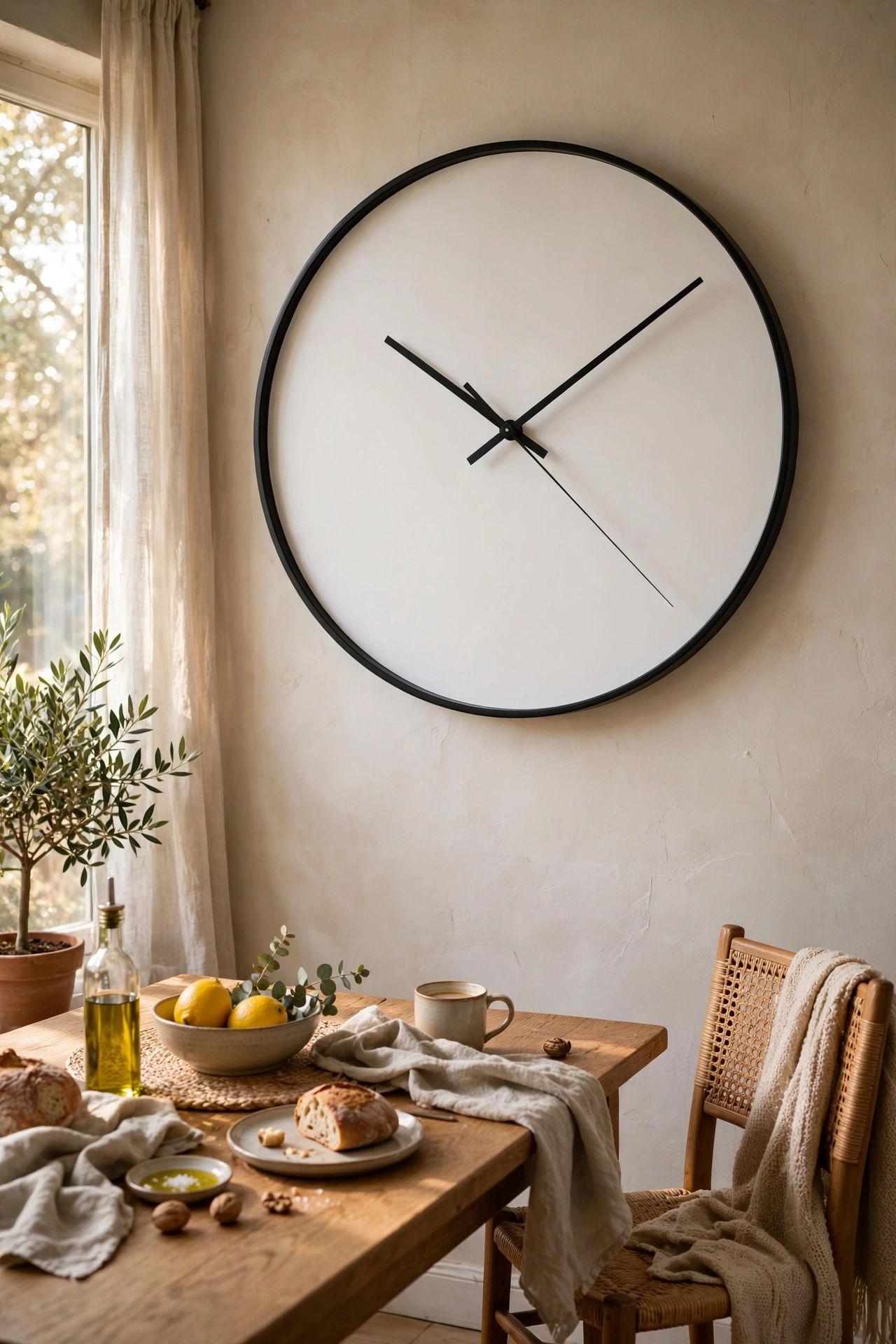Oversized minimalist wall clock on a dining wall