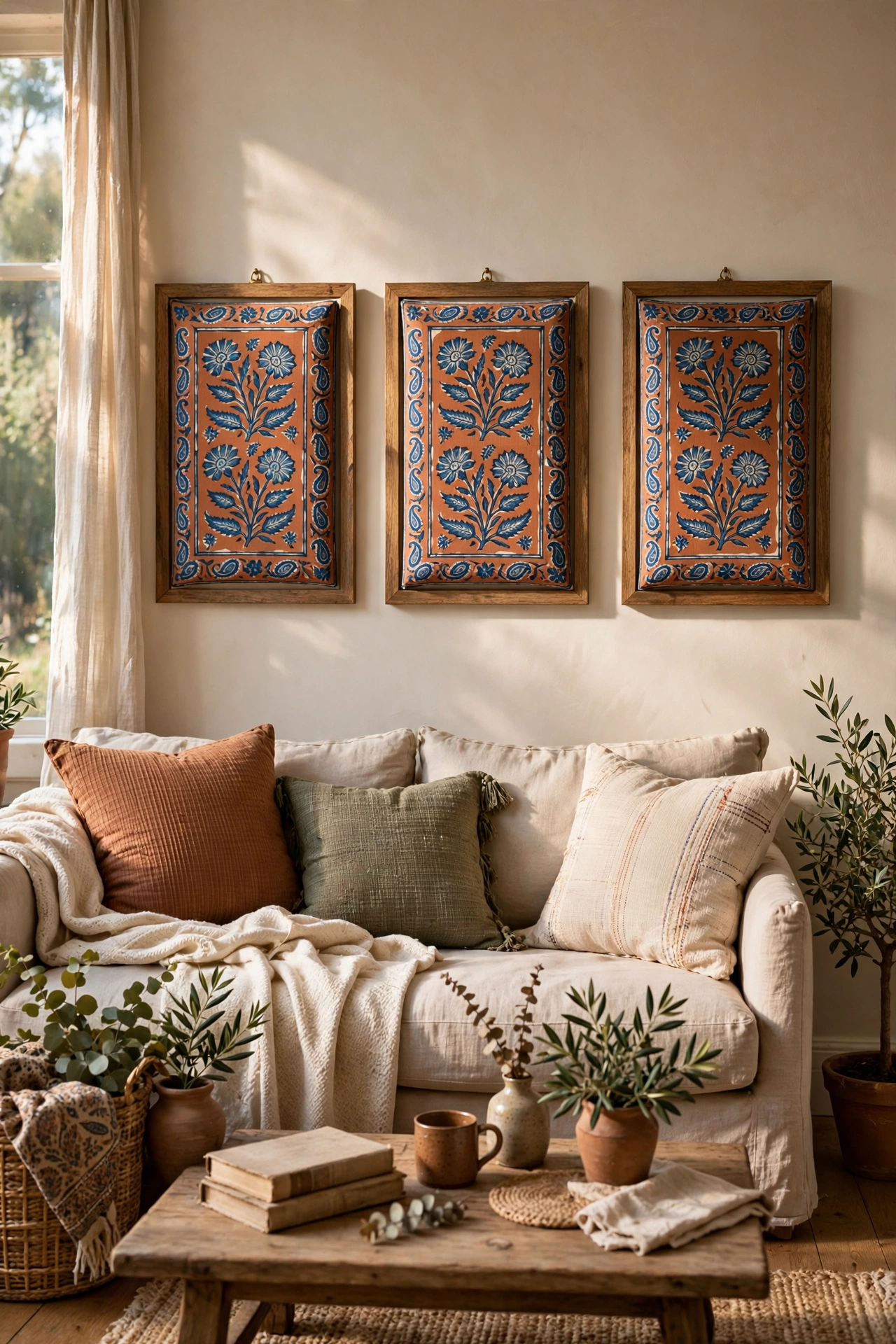 Three fabric panels stretched over frames above a sofa