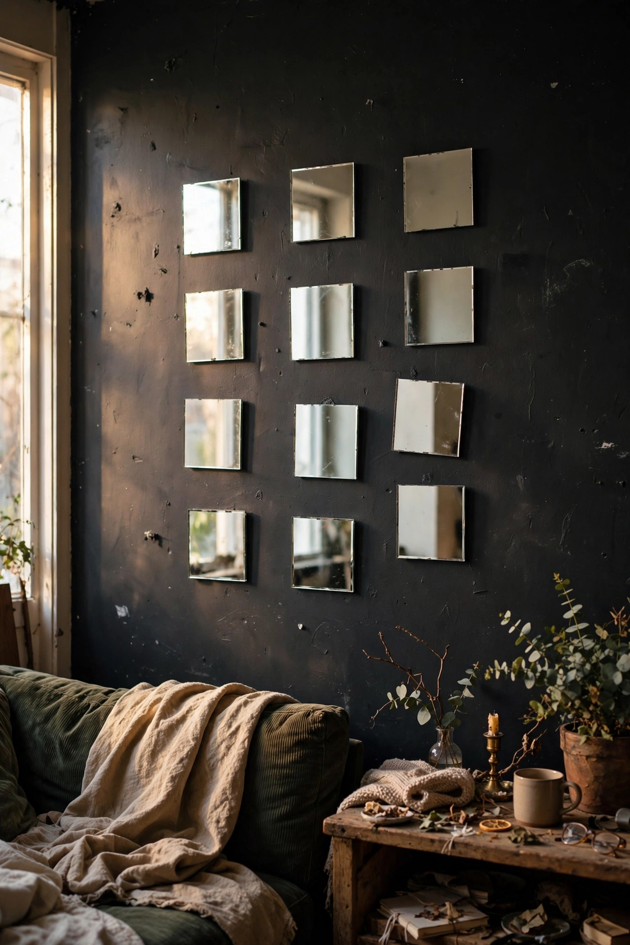 Small square mirror tiles arranged in a pattern on a dark wall