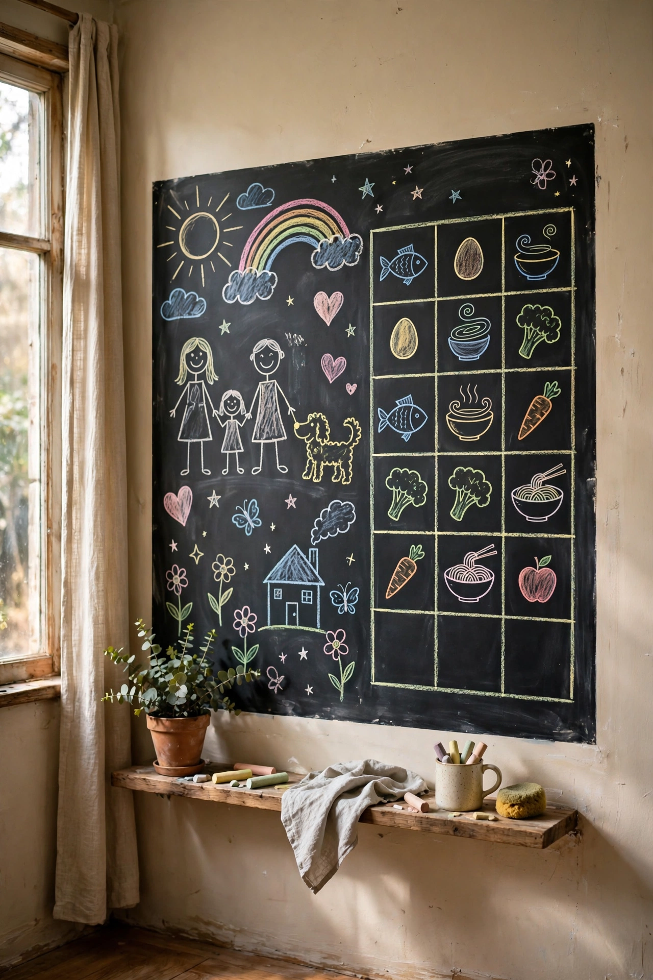 Large chalkboard painted wall section with family drawings