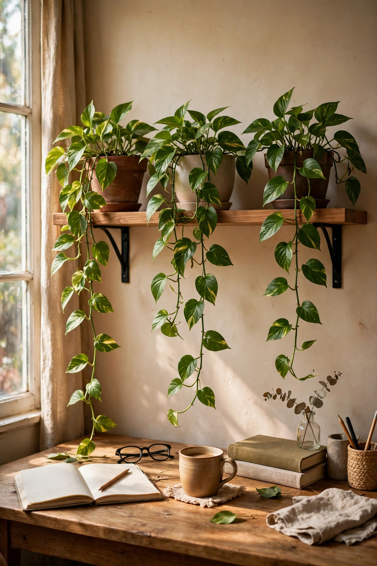 Wall shelf with three trailing plants above a desk
