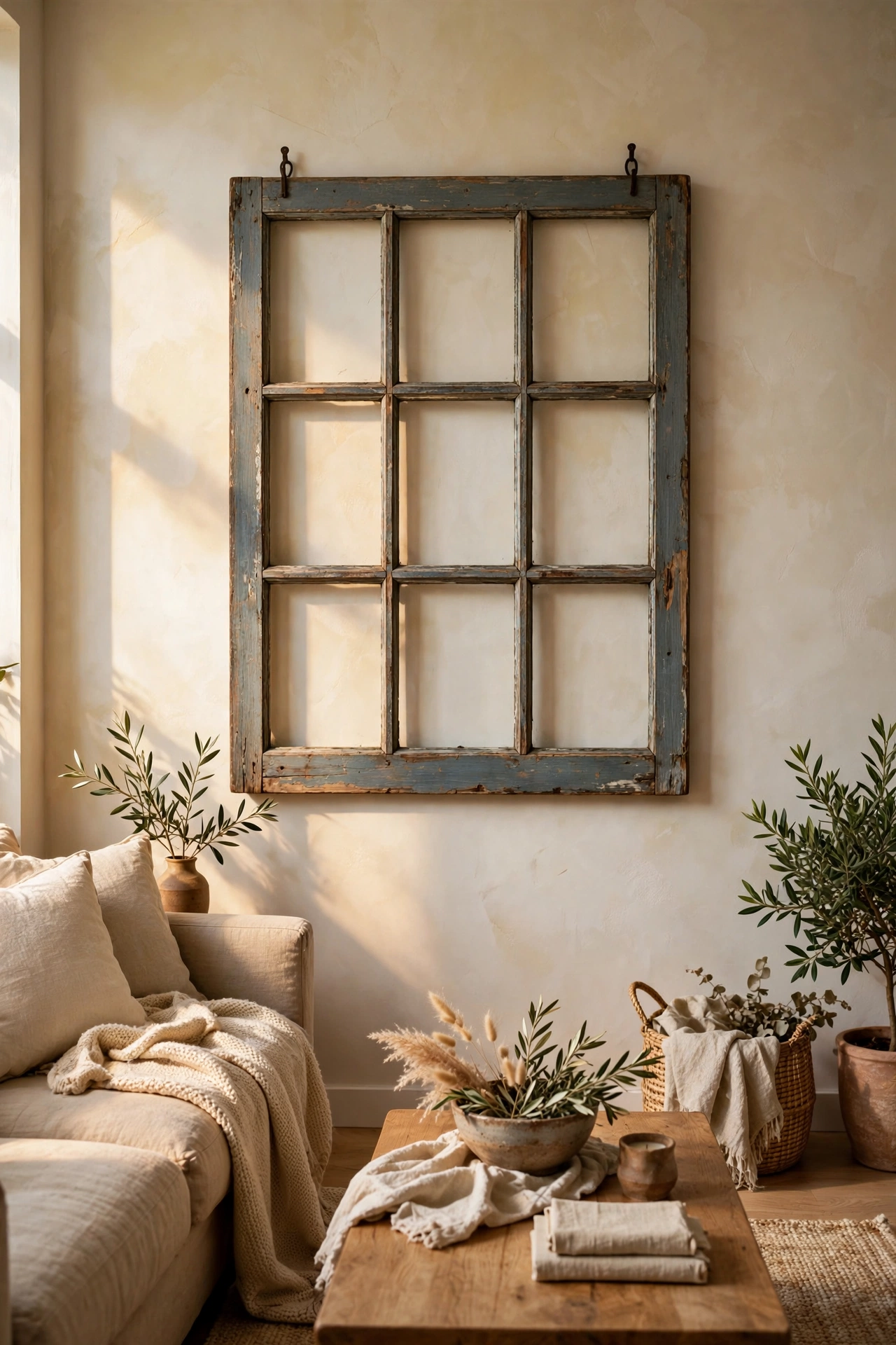 Old six pane window frame hung as decor on a modern wall