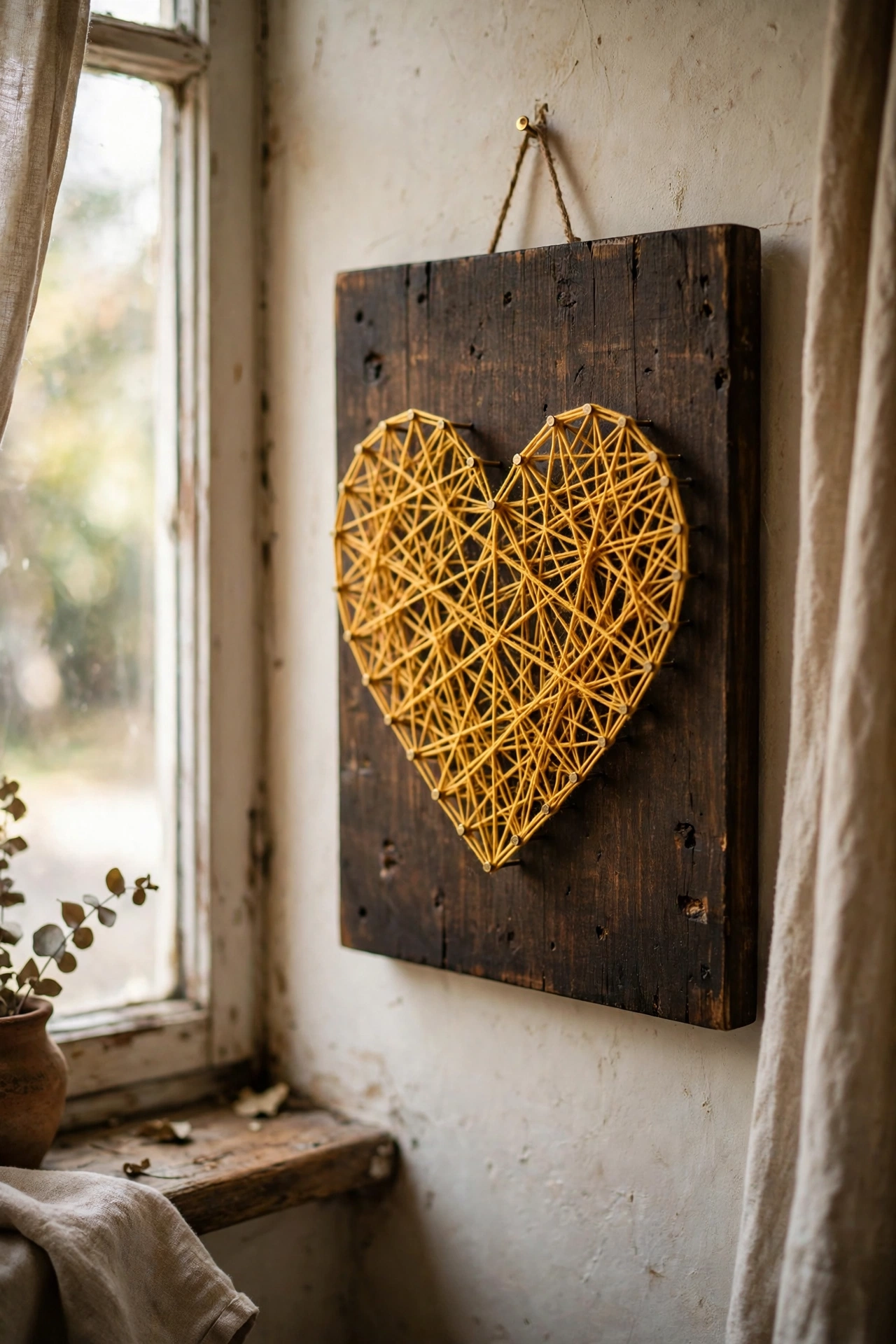 String art heart in mustard on a dark wooden board