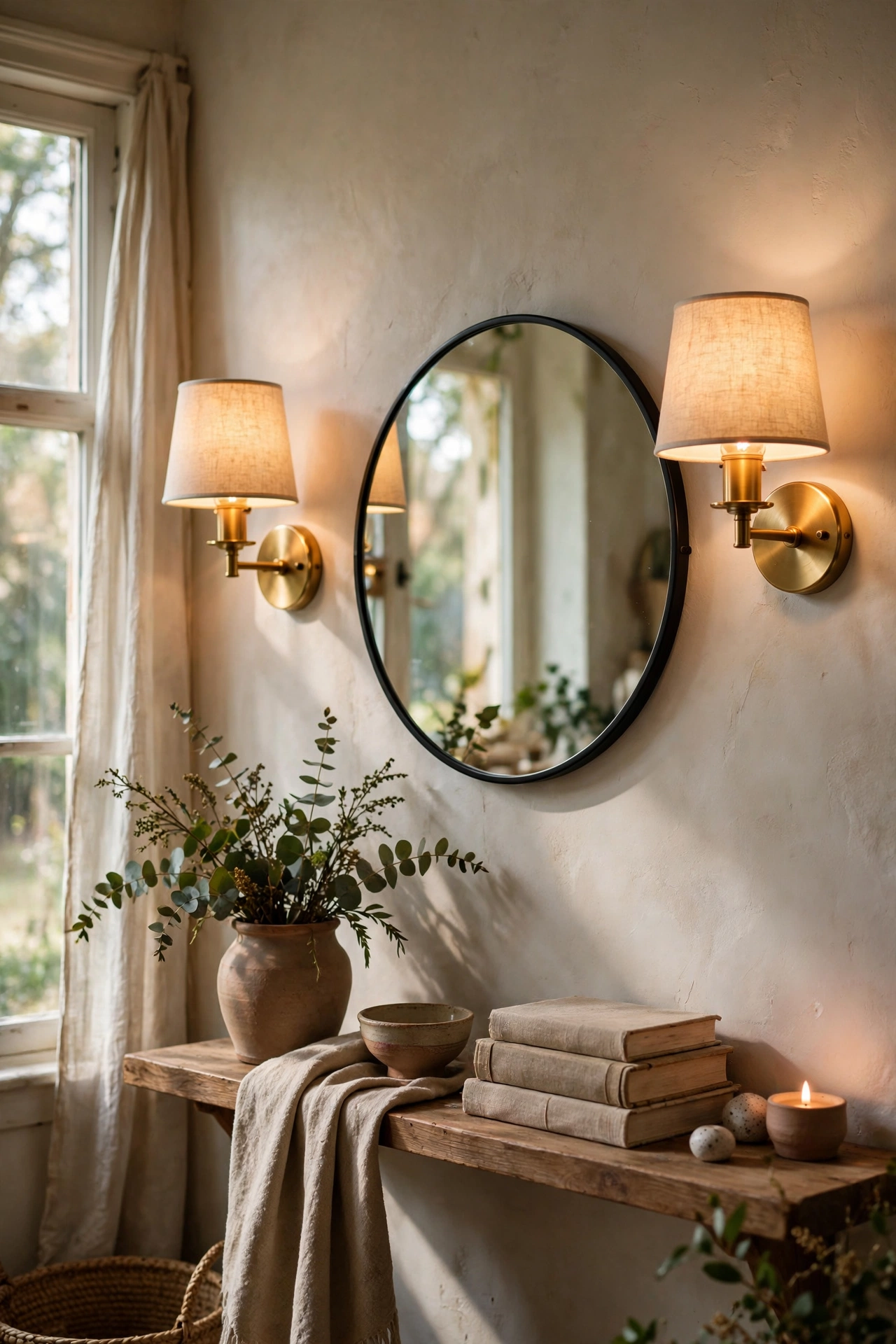 Pair of battery wall sconces flanking a mirror