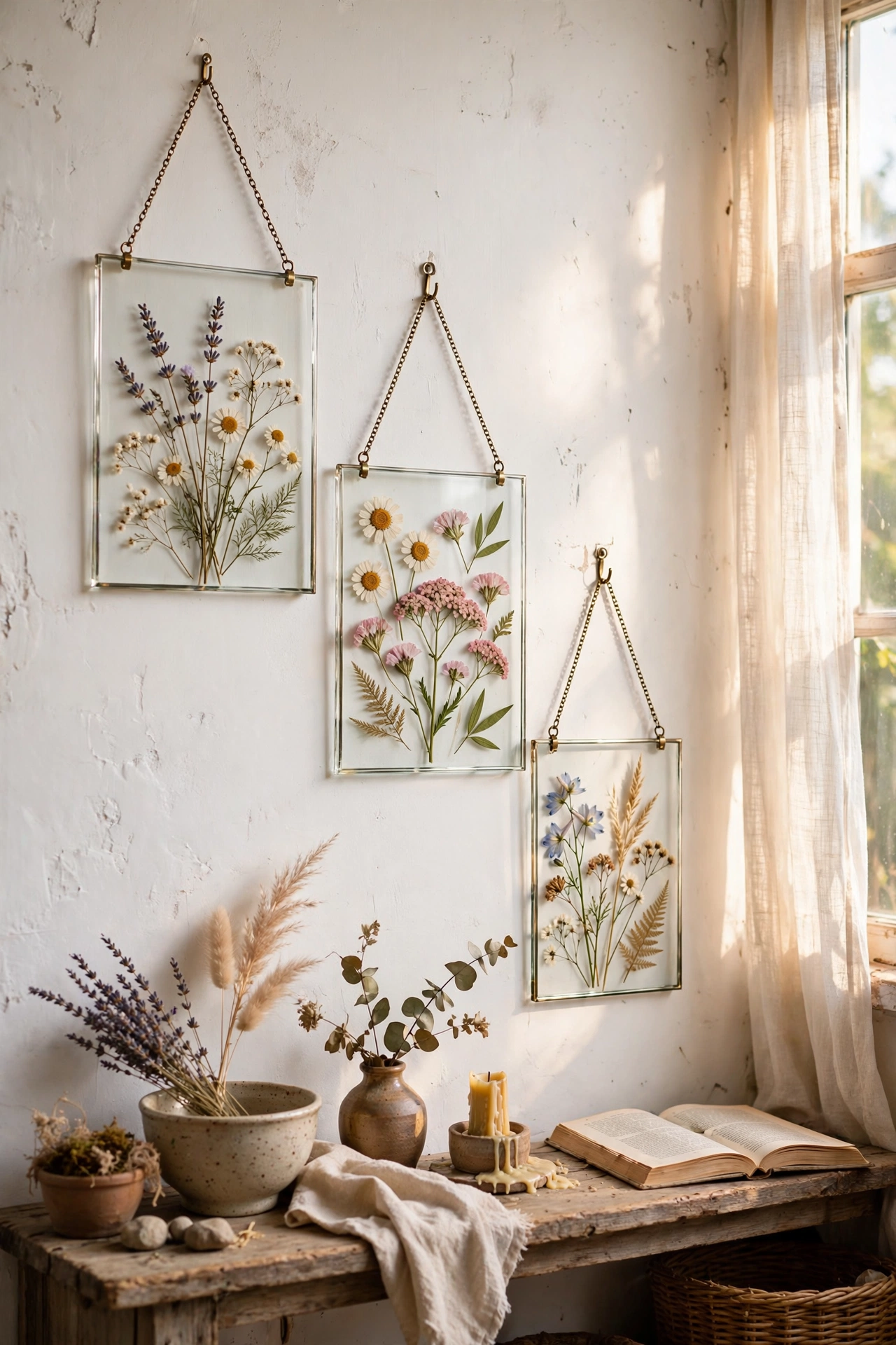 Pressed wildflowers arranged in glass float frames
