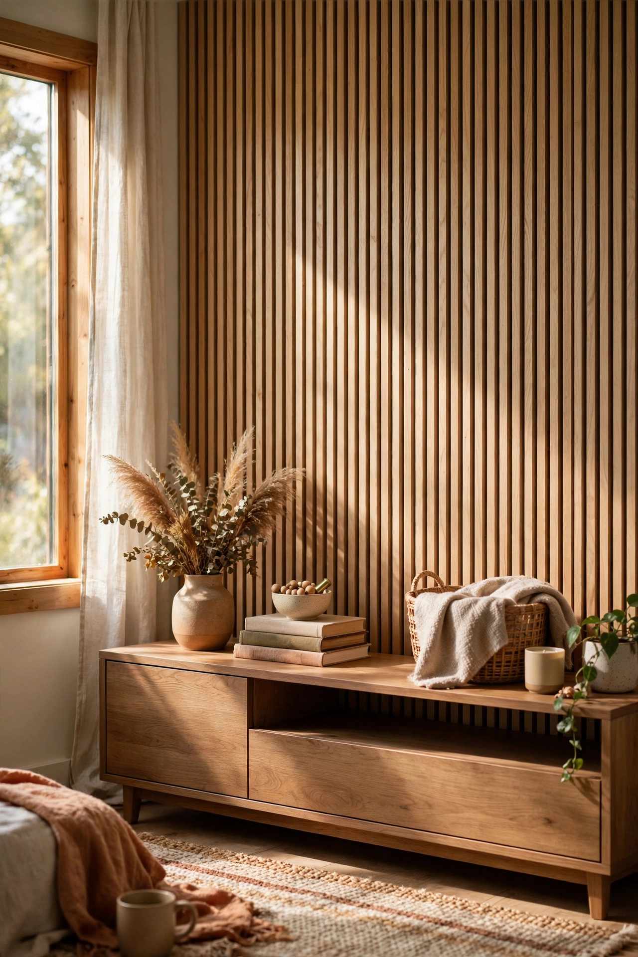 Vertical wooden slat accent panel behind a media unit