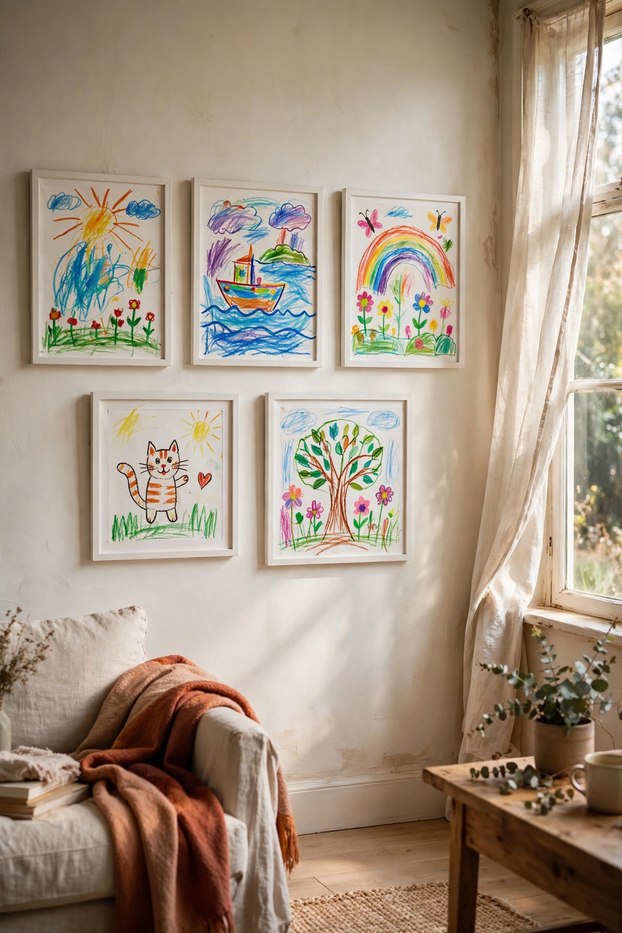 Children's paintings in white frames as a gallery wall