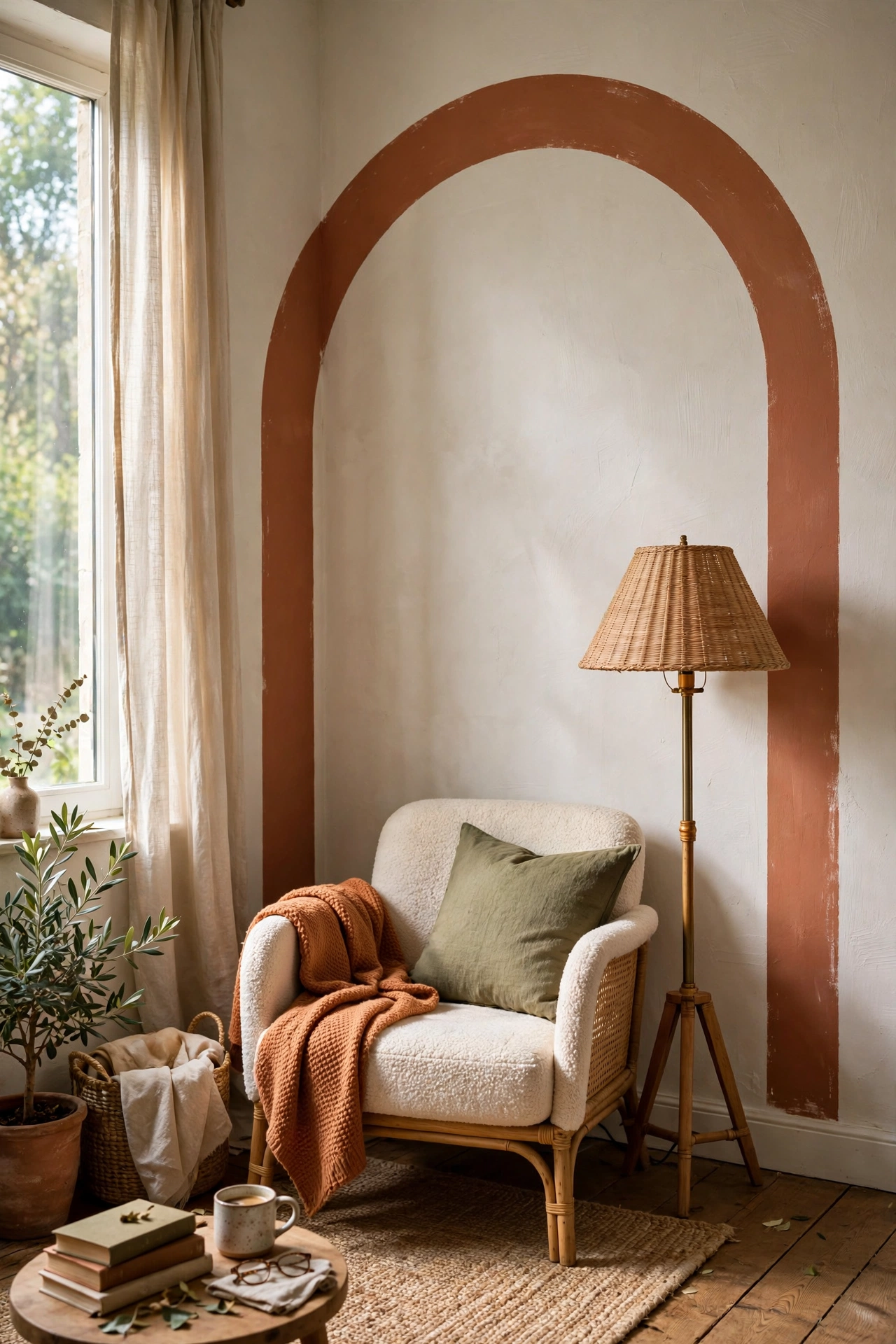 Terracotta arch decal framing a reading chair corner