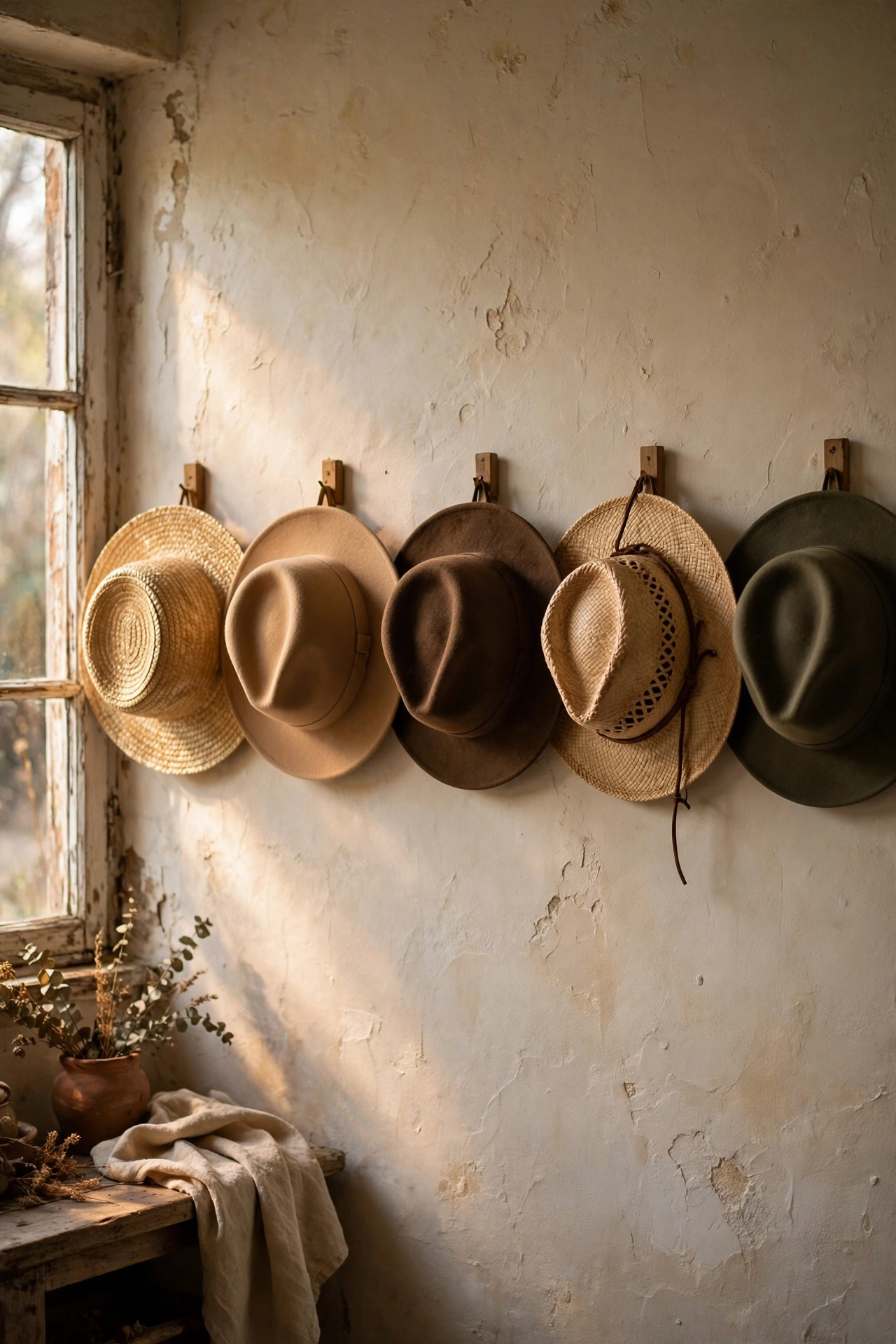 Five straw hats hung on hooks as a wall display