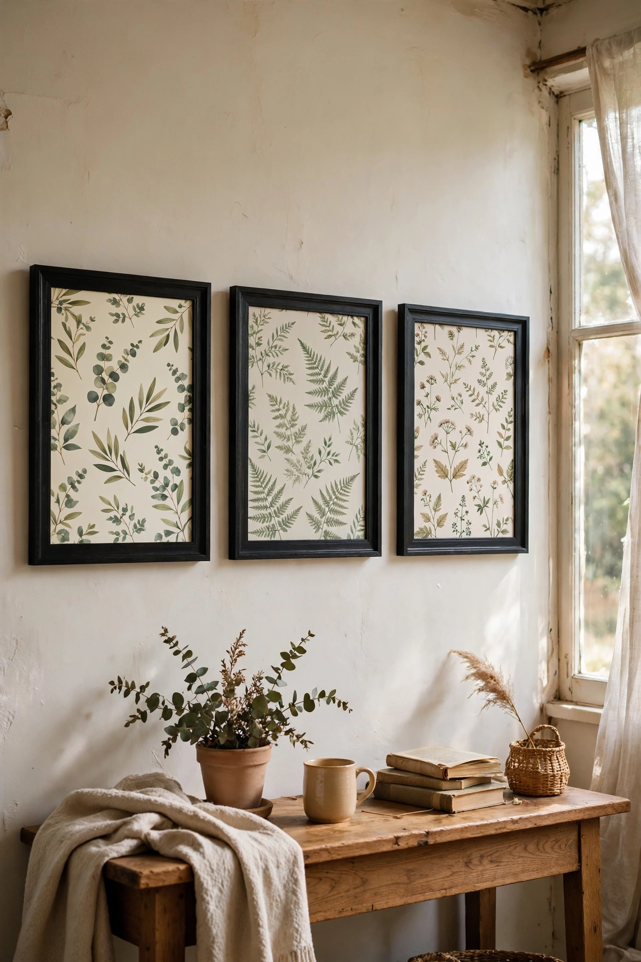 Three framed wallpaper samples in a row on a wall