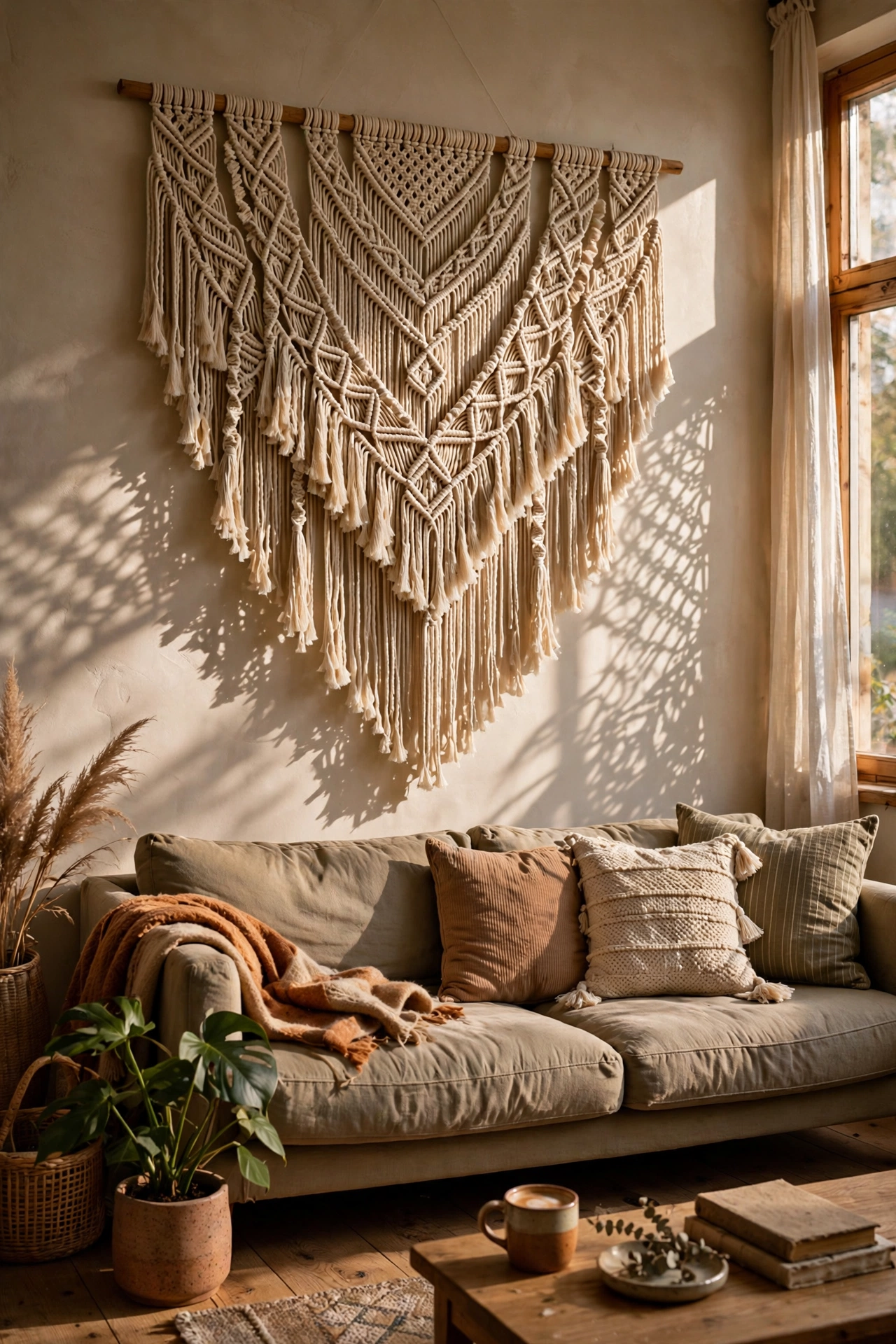 Large macrame wall hanging with dramatic shadows over a sofa